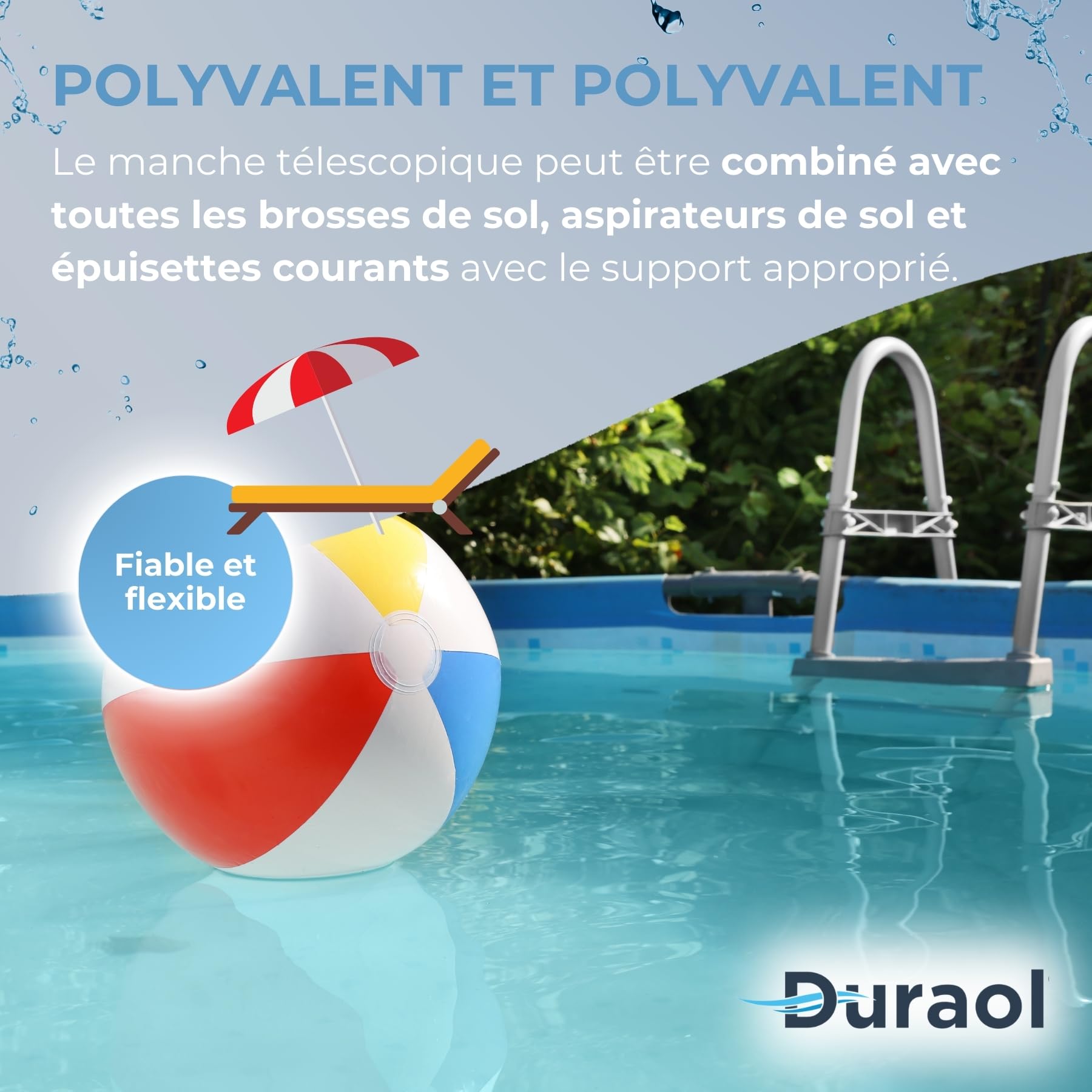 Perche télescopique en 2 Parties I Perche télescopique en Aluminium de 1,8 m à 3,6 m I Perche de Piscine pour aspirateur de Piscine Manuel & épuisette de Piscine I Système de Serrage Rotatif