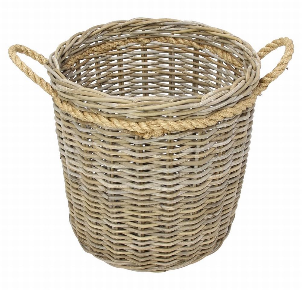 Dekoleidenschaft großer Rattan-Korb "Koboo-Grey" 50 cm hoch, Aufbewahrungskorb, Wäschekorb geflochten, Spielzeugkorb, Blumen-Übertopf rund, Flechtkorb für Wohnzimmer, Badezimmer & Outdoor