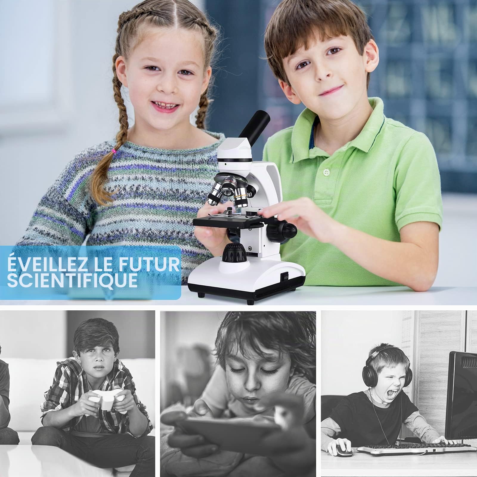 Microscopes pour Enfants, étudiants et Adultes, kit de Microscope Biologique Professionnel avec Lames de Microscope et Adaptateur pour l'enseignement à Domicile et Le Laboratoire Scolaire.