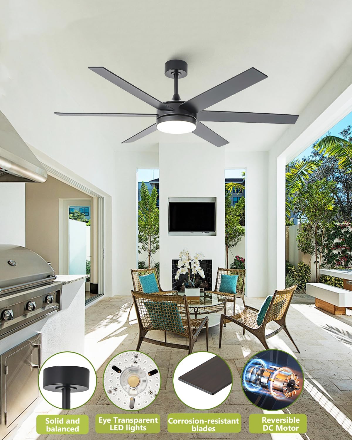 60 Inch Large Ceiling Fans with Lights and Remote, Indoor Outdoor Black Modern Ceiling Fan, 3CCT, Reversible DC Motor Dual-Sided Blades High CFM Ceiling Fan for Bedroom Living Room Patio Garage