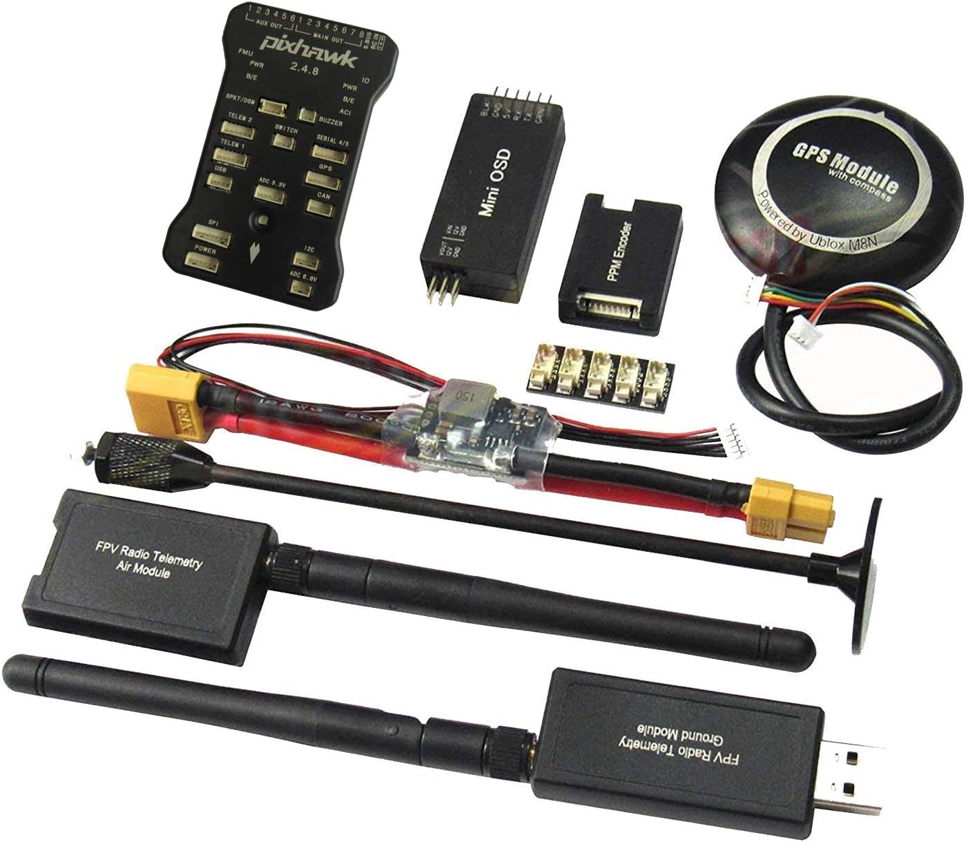 Hobbypower Pixhawk PX4 Flight Controller with Shock Absorber + 7M 915Mhz OSD Module PPM Module RGB LED I2C Splitter Expand Power Module