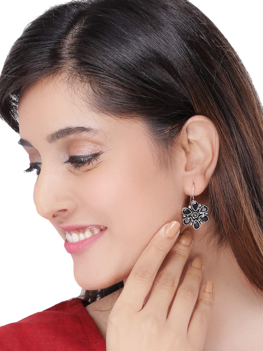 Oxidised Floral Charm Studded Drop Earrings