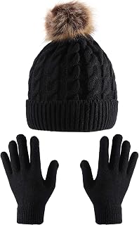 Tatuo 2 Pcs Women Winter Hats Gloves Set Knitted Beanie Hat Warm Stretchy Gloves Pom Pom Beanie Knit Cap Gifts for Women