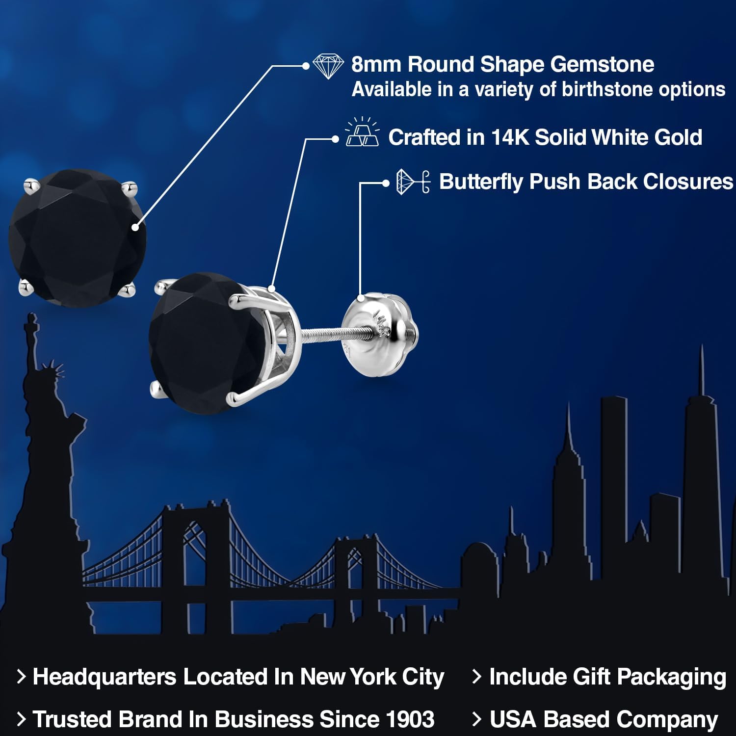 Gem Stone King 14K White Gold Black Onyx Stud Earrings for Women | 3.29 Cttw | Gemstone December Birthstone | Round 8MM - Image 2