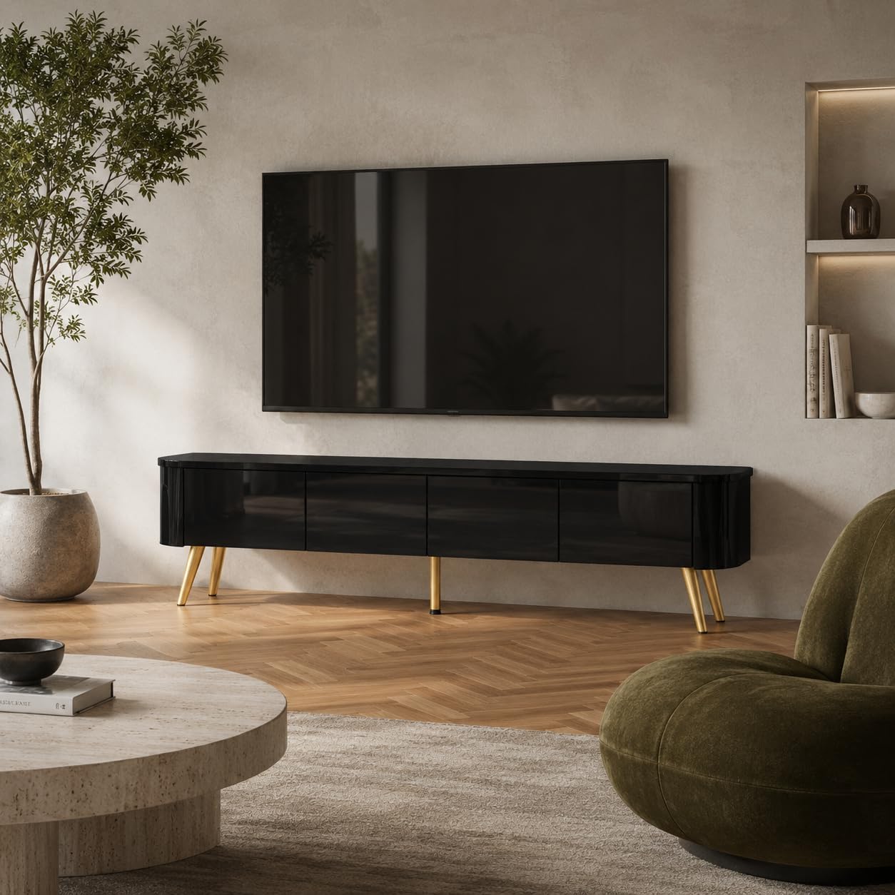 Mobile TV basso nero lucido con LED a 3 colori, 140 x 24 x 36 cm, da appoggiare o da parete, mobile TV con cassetto, scomparti laterali e gambe dorate