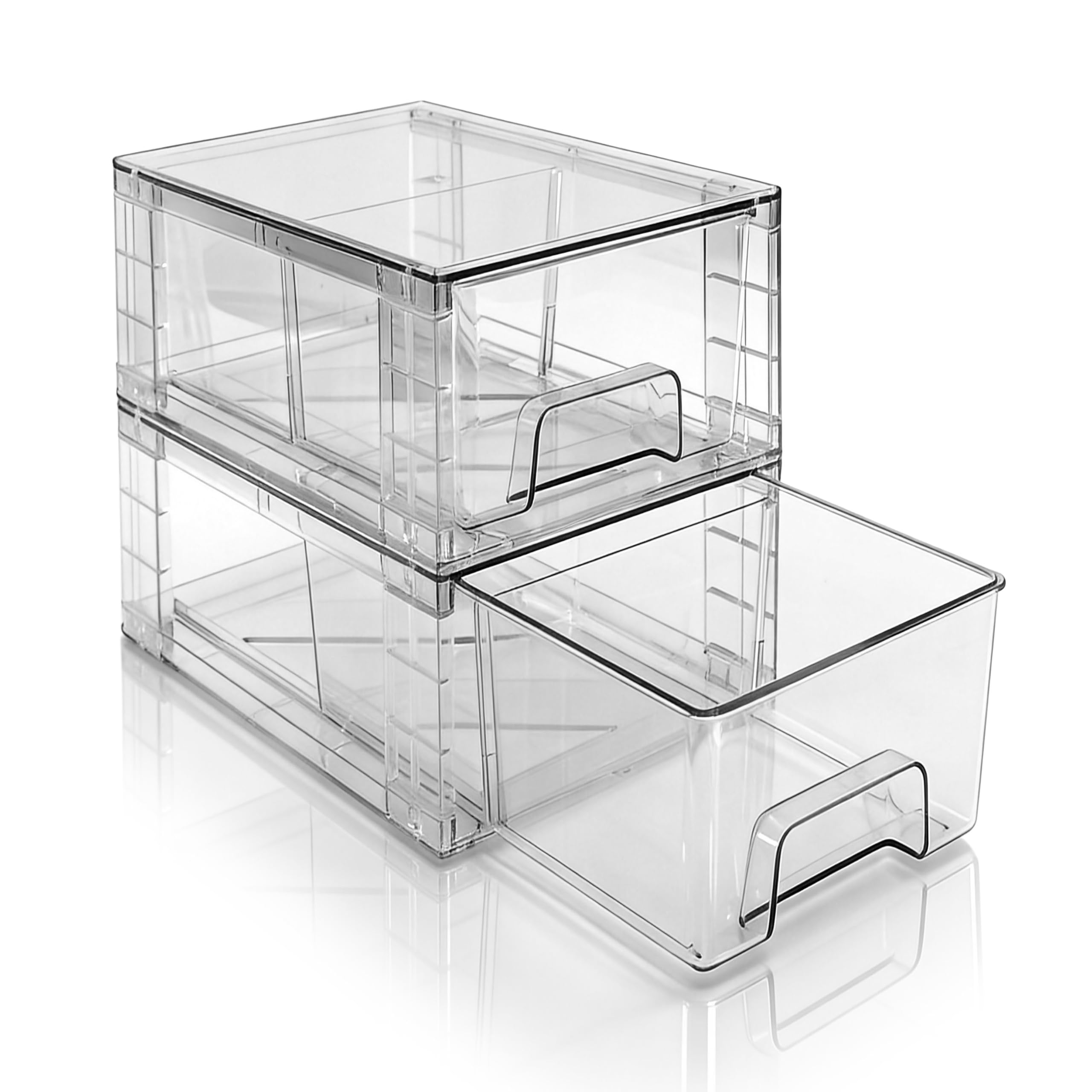 Lot de 2 Tiroirs de Rangement Empilables Transparent Petit Modèle, Organisateurs Acrylique avec Poignées, pour Réfrigérateur, Salle de Bain, Cuisine, Placard, Rangement Garde-Manger
