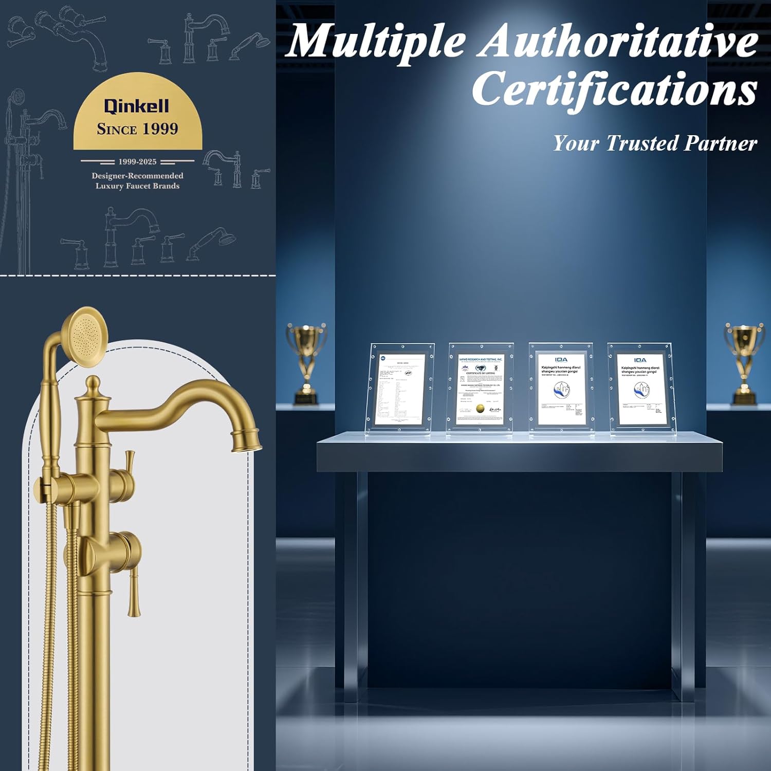 Free Standing Tub Faucet, Qinkell Classic Elegant Gooseneck Freestanding Bathtub Faucet with Sprayer Brass Luxury Floor Mount Bath Faucets High Flow Roman Tub Filler, Brushed Gold (QC-202511BG) - Image 8