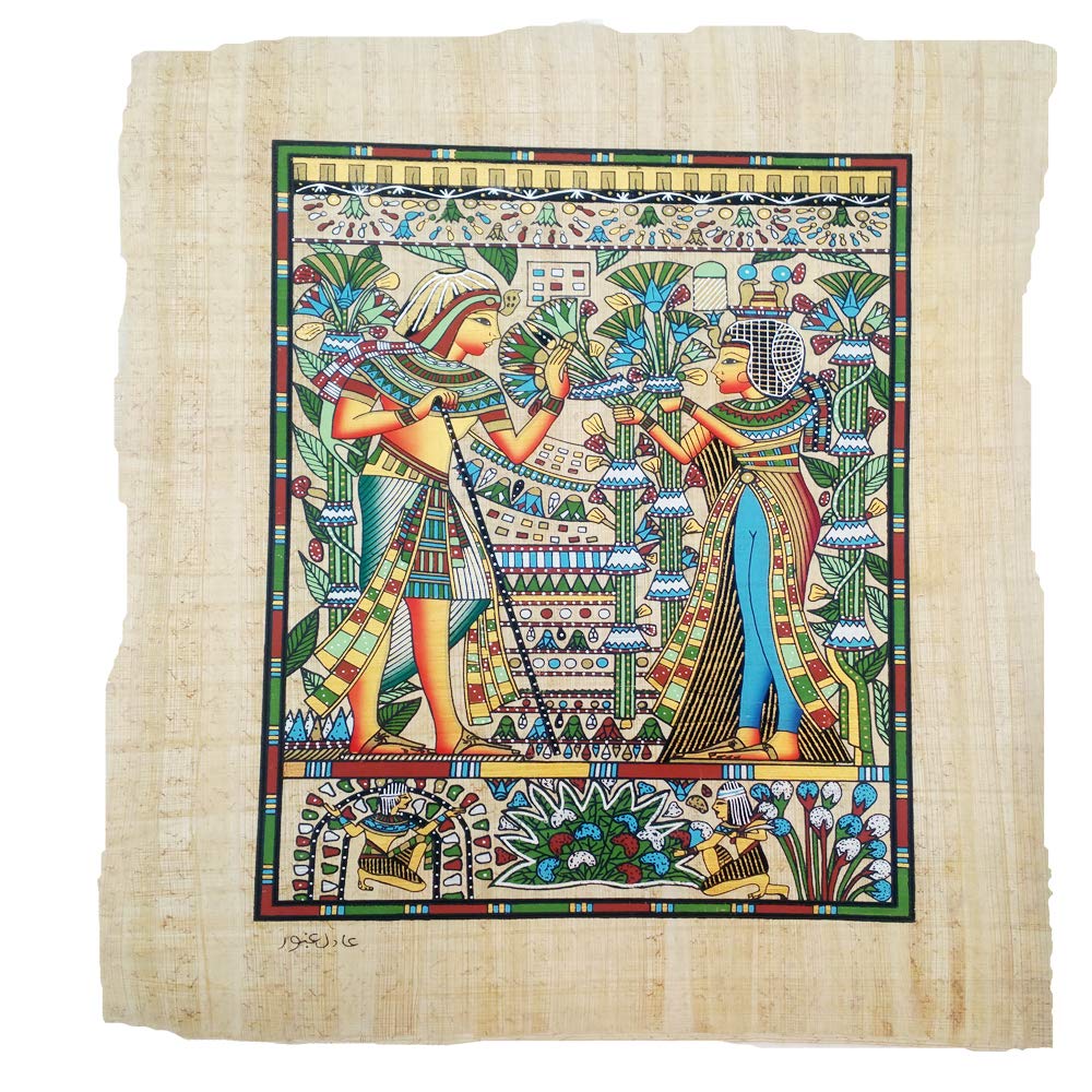 Papyrus mariage Tut Ank Amón authentique tableau égyptien peint main 33x43
