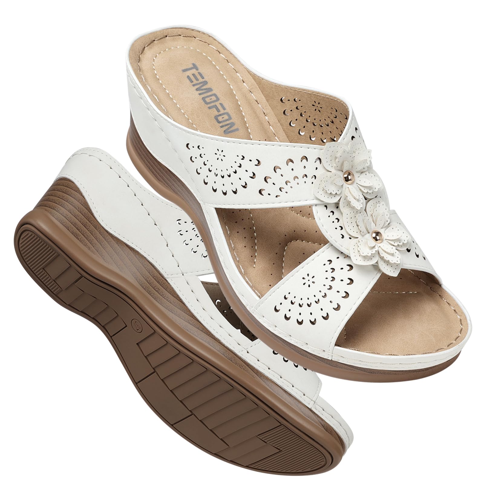 TEMOFON Womens Wedge Sandals Leather: Dressy Sandal, Rubber Sole, Comfortable Walking, Casual Slip on Summer Shoes, Size 5-11