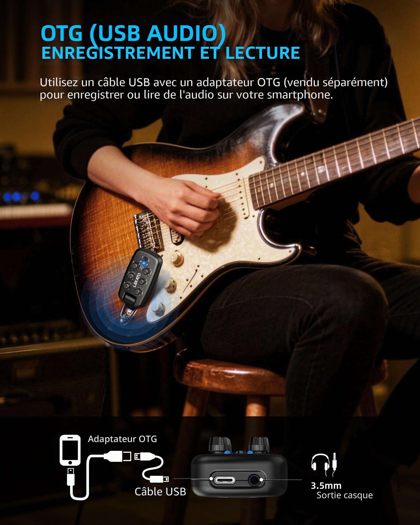 LEKATO Ampli de Casque pour Guitare, Ampli de Pratique Portable à Brancher pour Guitare Électrique et Basse, 9 Modèles d'Ampli & 6 Effets, Bluetooth 5.0, Prise Rotatif à 180°, Enregistrement OTG
