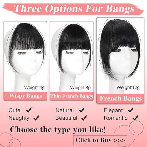 Miniatura 3 de Berracy Flequillo con clip, extensiones de cabello humano 100 % real, flequillo francés con sienes, extensiones planas y ordenadas, gruesas, para