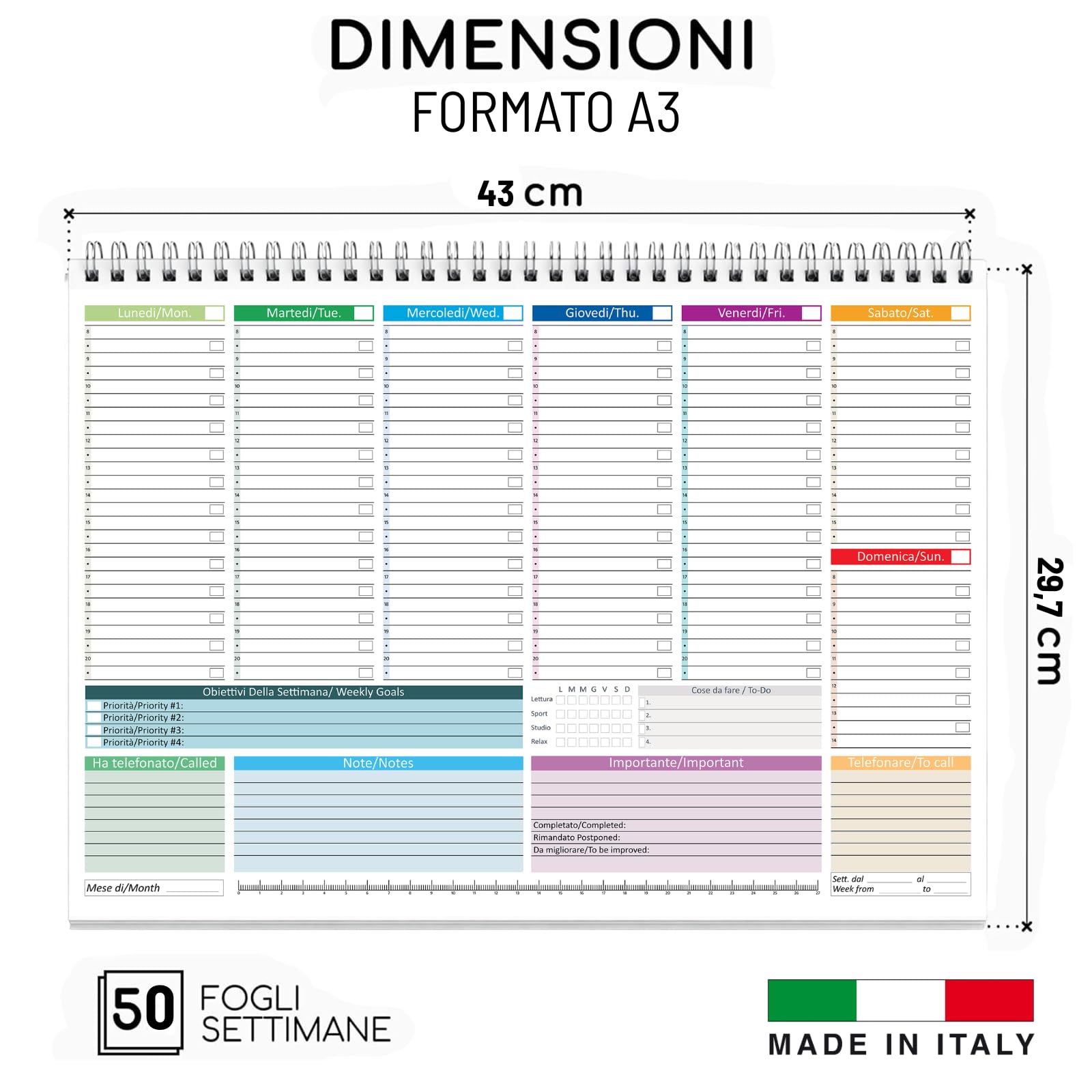 Planning Settimanale da Tavolo 2026 - Agenda 2026 A3, Senza Date con 50 Fogli Planner Settimanale Da Tavolo Spiralato per Ufficio e Casa, Organizer Scrivania.