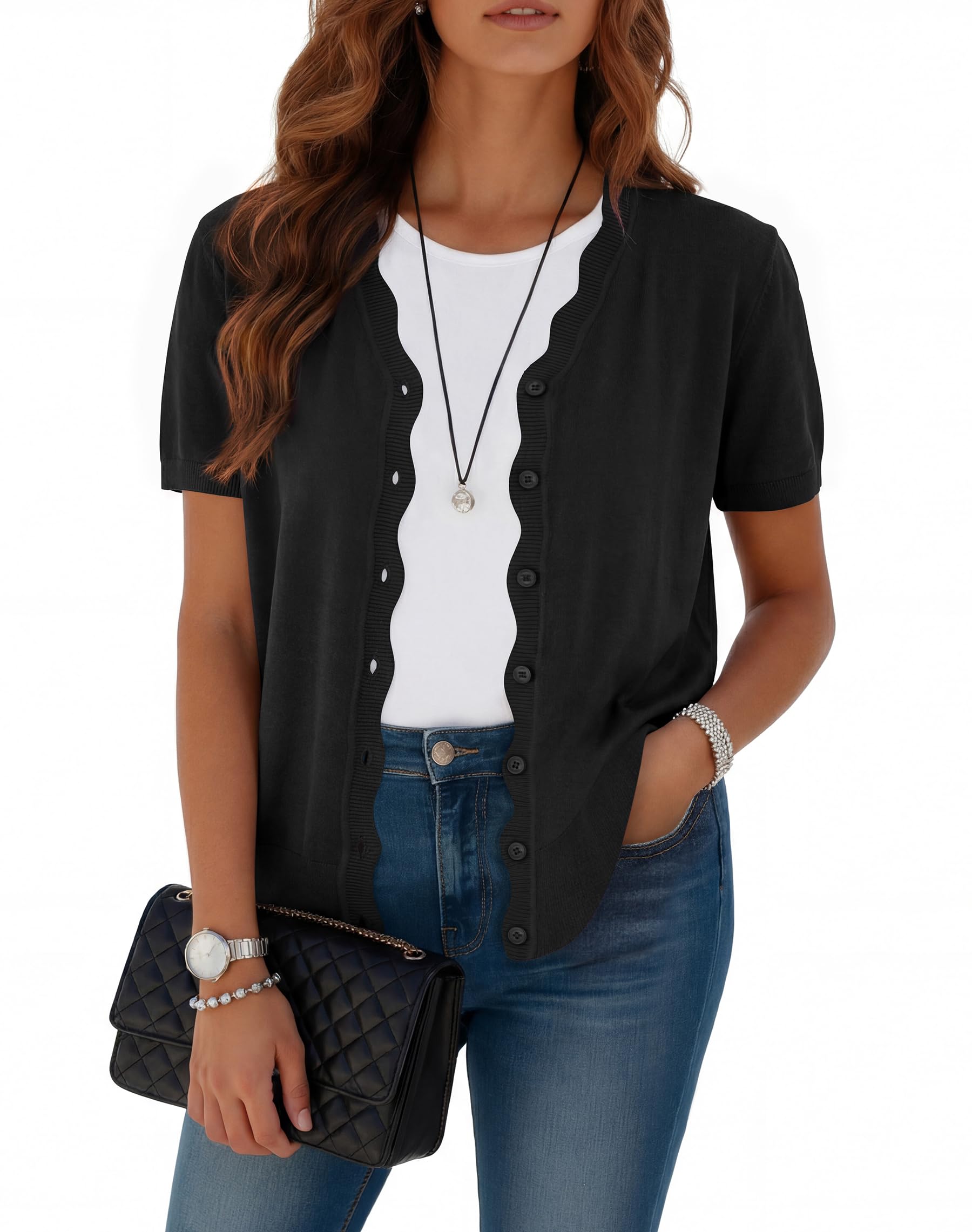 Yommay Cardigan da donna, elegante, unico, estivo, a maniche corte, leggero, morbido, con scollo a V, da donna