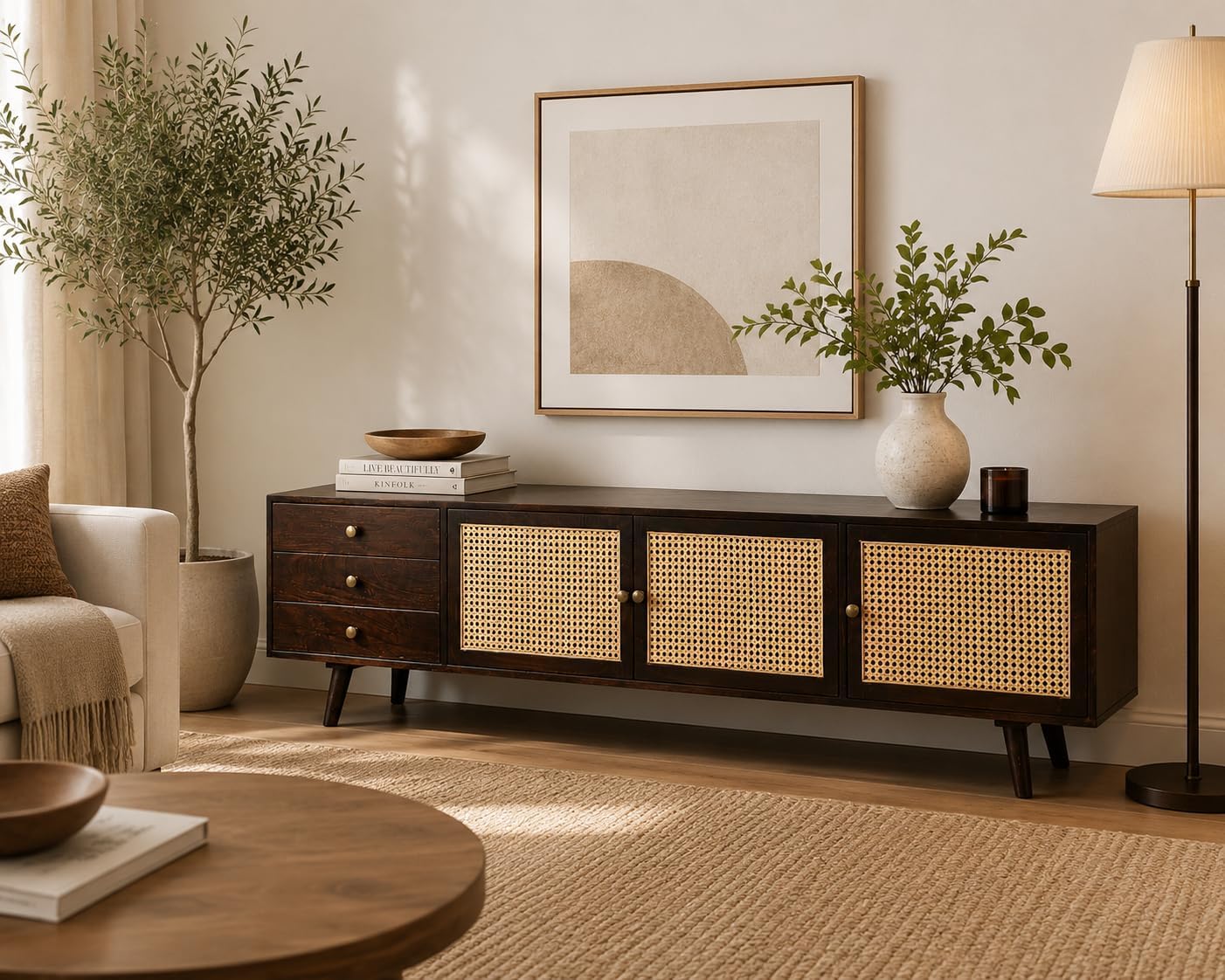 Solid Wood Rattan Cane TV Unit for Living Room | Entertainment Center with 3 Drawers & 2 Doors | Dark Walnut Finish-image-43