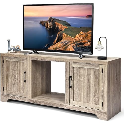 GRAFFY 65" Fireplace TV Stand, Wooden Television Console w/2 Storage Cabinets & Open Shelves, Modern Farmhouse Storage Cabinet Console with Doors, for 18"x 17" Electric Fireplace(not Included)