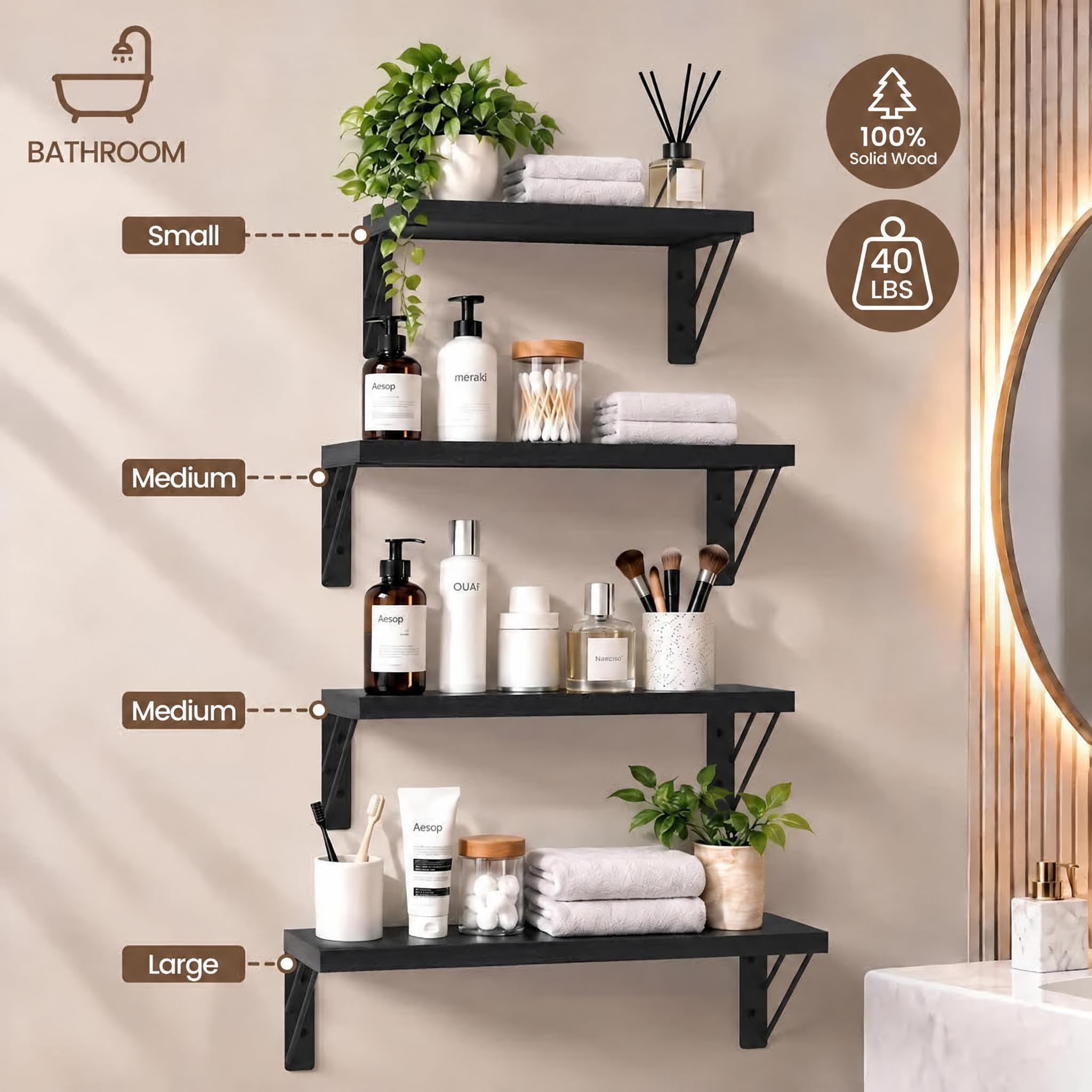 Floating Wall Shelves - Set of 4 Black -2