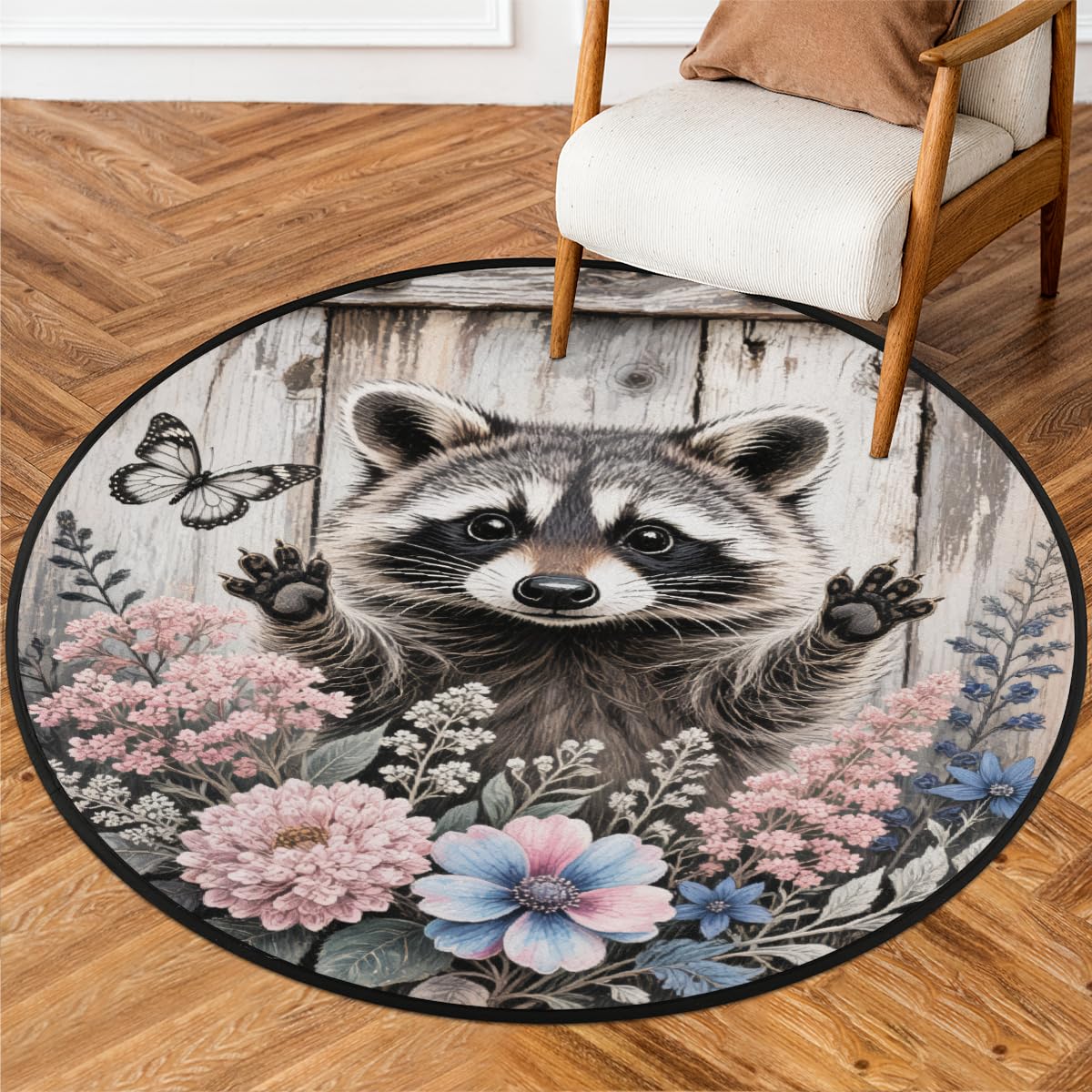 Tapis rond lavable antidérapant contre les glissades avec motif raton laveur