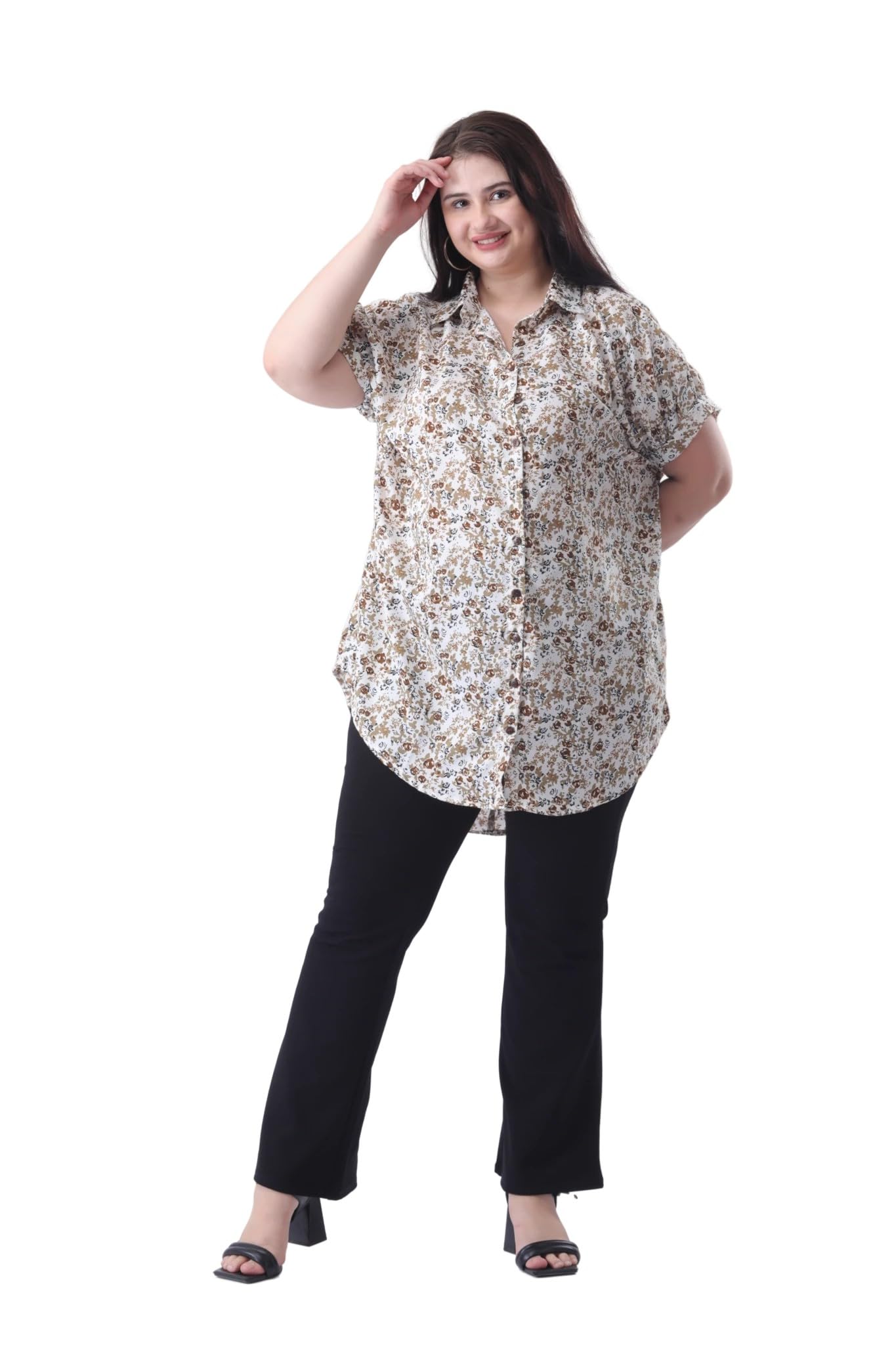 POREARMA Creations Plus Size Women Loose Fit Floral White Collered Casual Shirt-picture-17