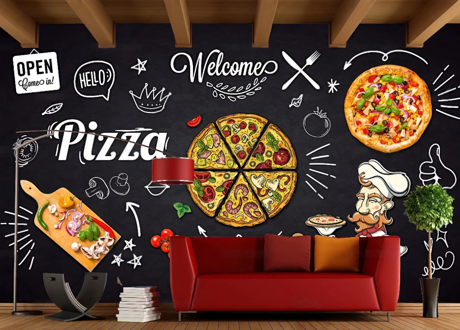 rskjdghshd Wallpaper Retro Blackboard Wall Hand-Painted Pizza English Letters Burger Catering Gourmet Fast Food Background Wall Western Restaurant Wallpaper Drinks Coffee Shop Mural,3D,430x300cm