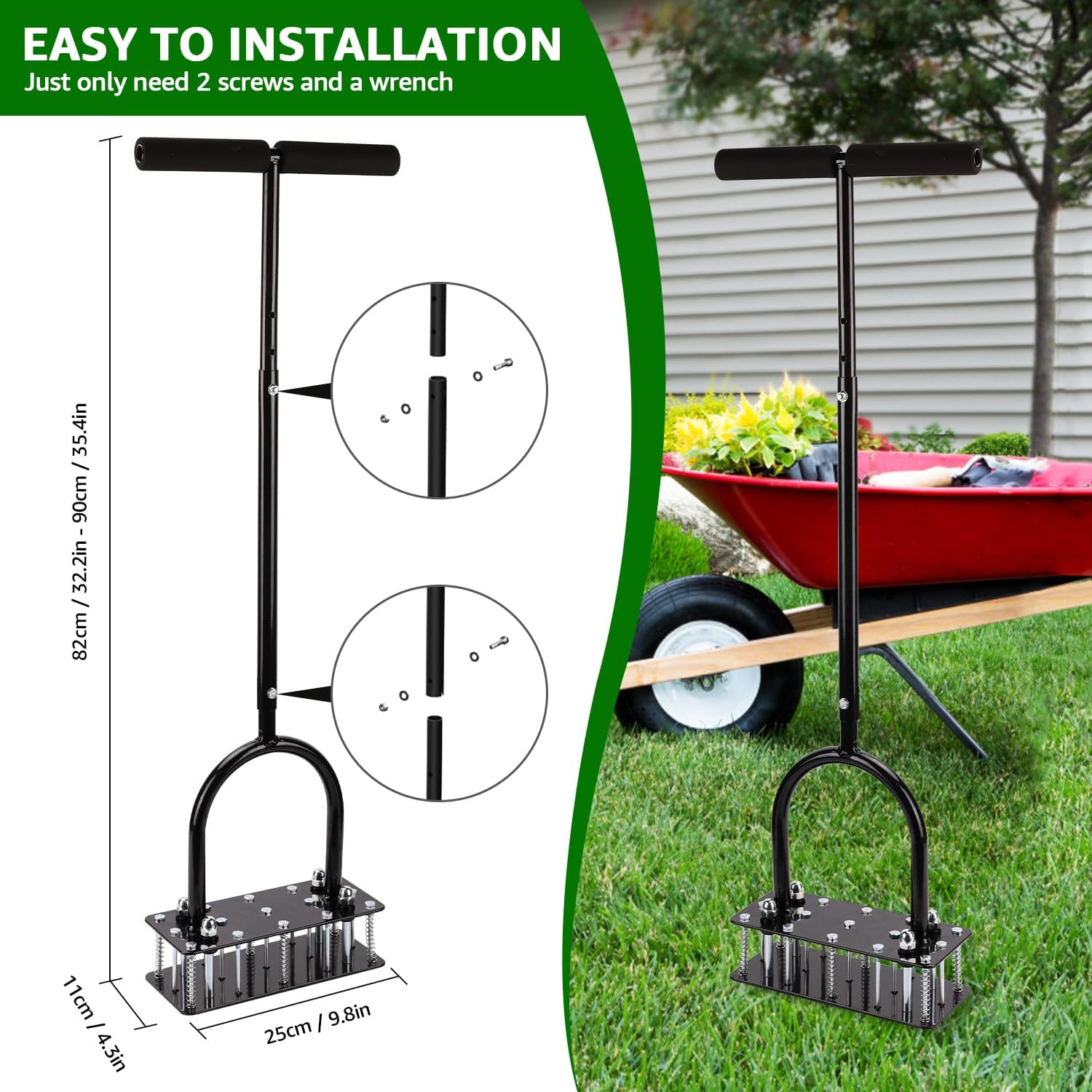 Lawn Aerator - Aerator Lawn Tool, Automatic Dirt and Leaf Clean Design, Heavy Duty Manual Lawn Aerator Tool with 15 Iron Spikes, Height Adjustable, Yard Grass Aerator for Lawn(Black)
