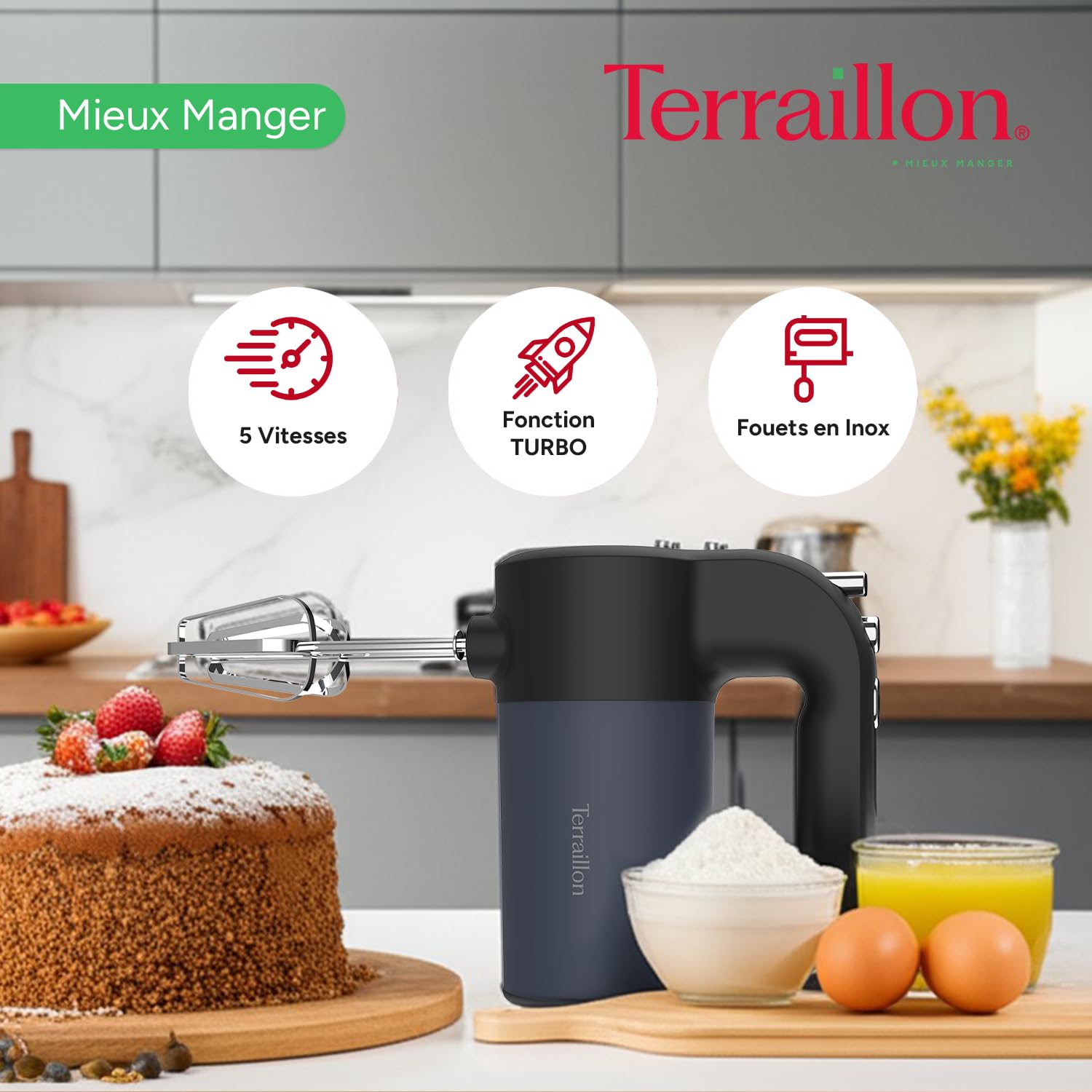 TERRAILLON - NEW MOON- Batteur Electrique, Fouet Inox, Fonction turbo, 5 vitesses, 400W, Bouton Eject, Corps en Inox peint, Bleu