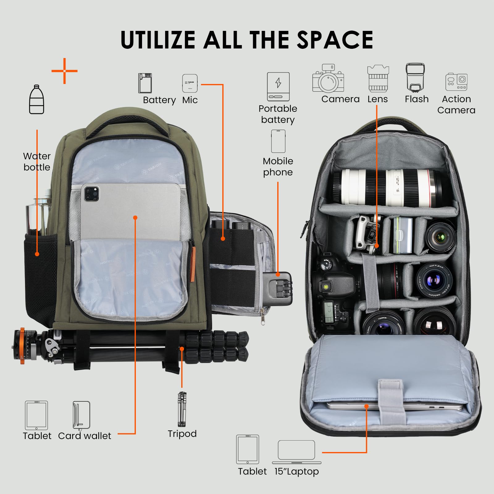 TARION Mochila impermeable para cámara de cámara de gran capacidad con compartimento para portátil de 15 pulgadas, cubierta para lluvia, para mujeres, hombres, fotógrafo, lente trípode, color verde