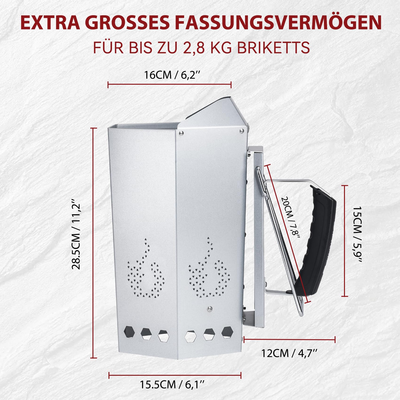 onlyfire Anzündkamin Stahl, Kompakter Grillkohleanzünder mit Griff Hitzeschutzblech, Haltebügel, Rapidfire Grillstarter für Holzkohlegrills, Rapidfire Chimney Starter, Kohlestarter für Holzkohle
