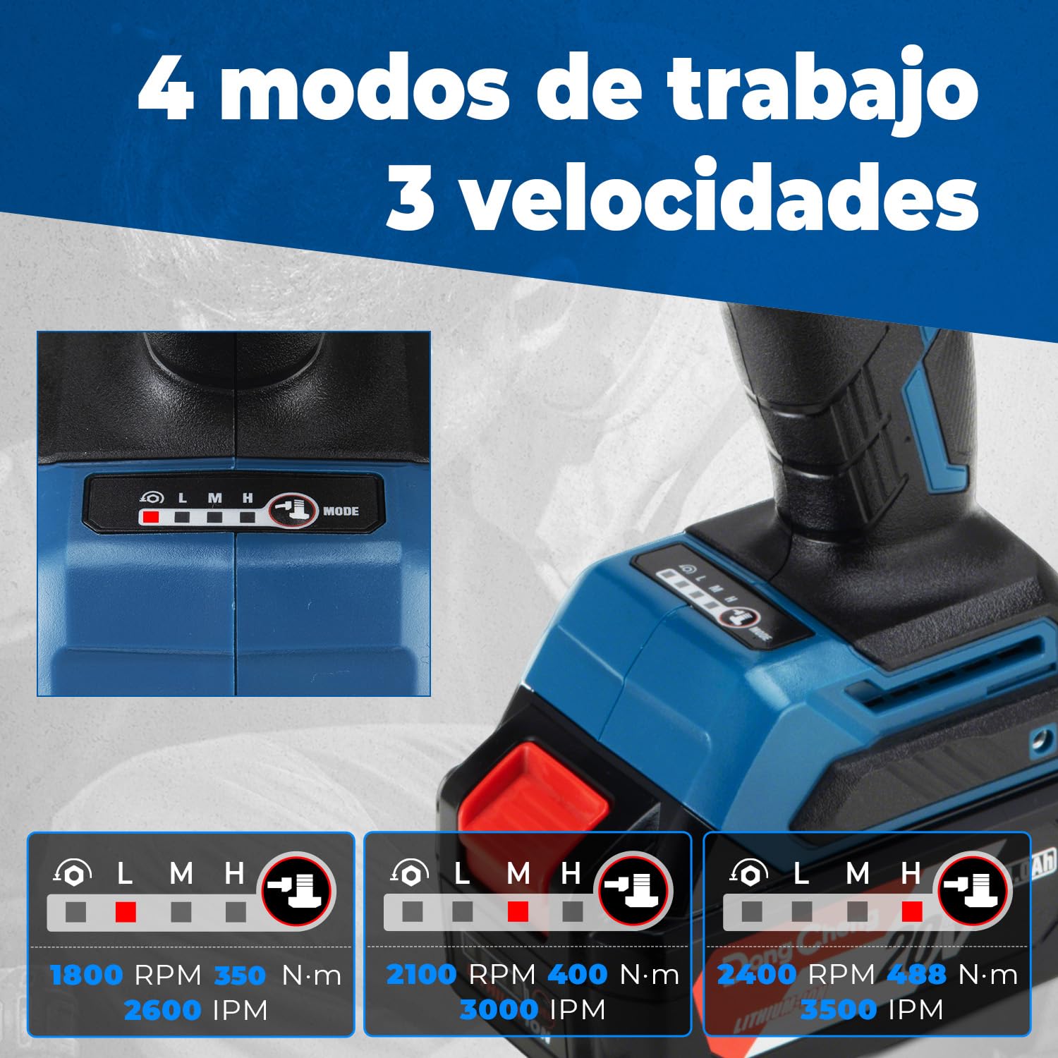 Dong Cheng Llave de Impacto Inalámbrica Brushless 18V con Batería de 4.0Ah, 488N.m alto par, 1/2", transmisión de 3 velocidades, Adecuado para automoción y bricolaje