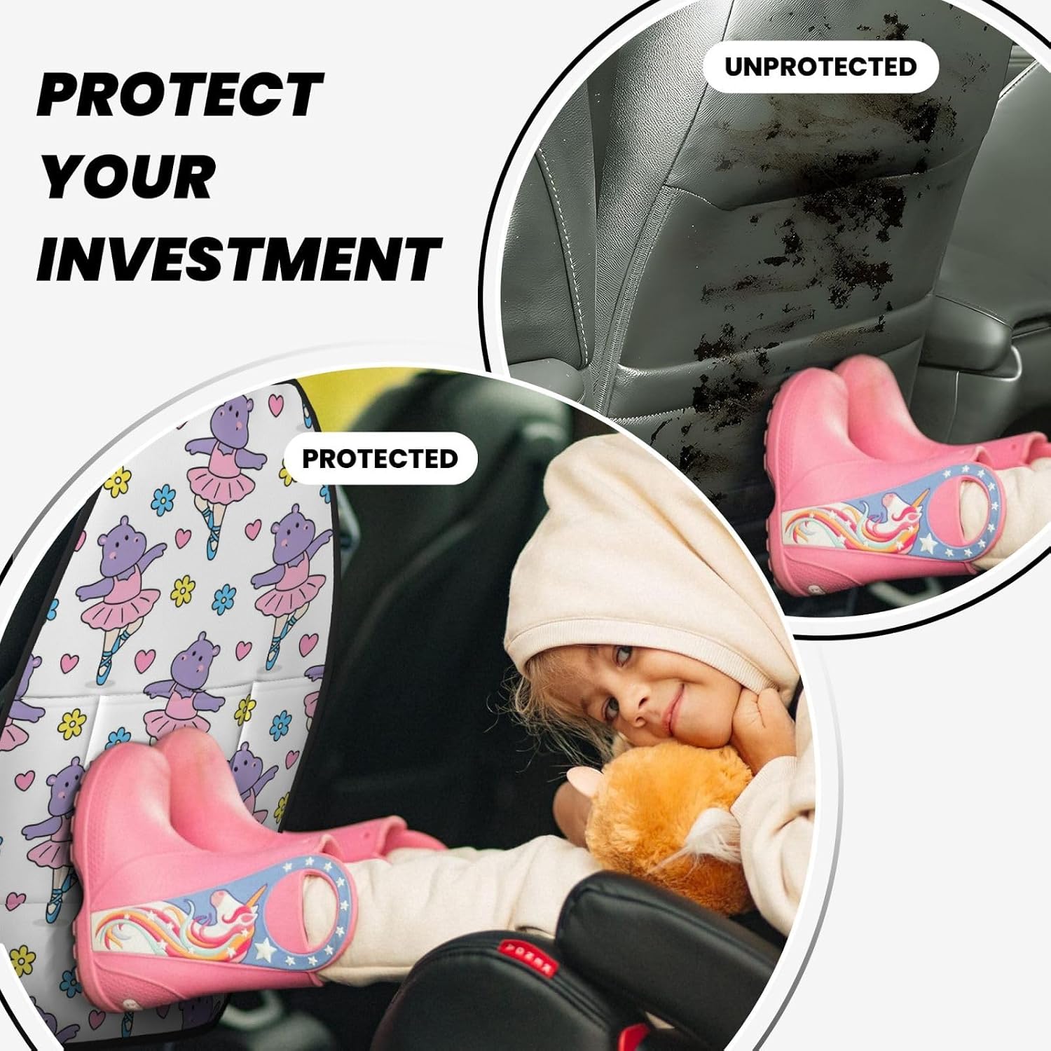 Ballet Hippo Print Car Seat Back Kick Protector 2 Pack, 18.5x26.4 Inch Anti-Kick Pad, Waterproof Oxford Fabric Large Rear Seat Cover for Kids Pets Fits SUV Jeep Truck Sedan