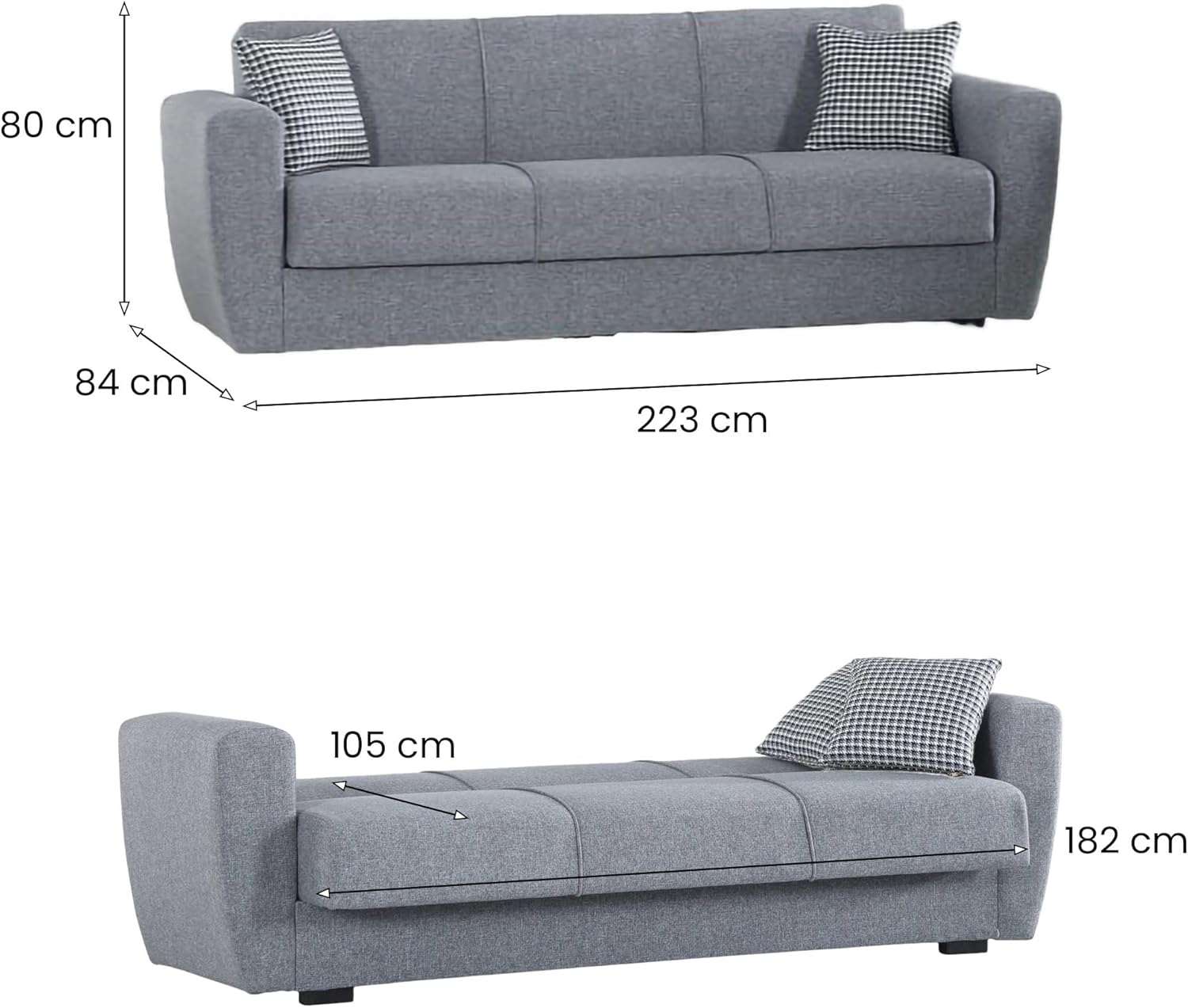 Dmora Escobar 3 Seater Sofa Bed, Linear Storage Sofa, Living Room Sofa, Click-Clack Opening, 223 x 84 x H 80 cm, Grey