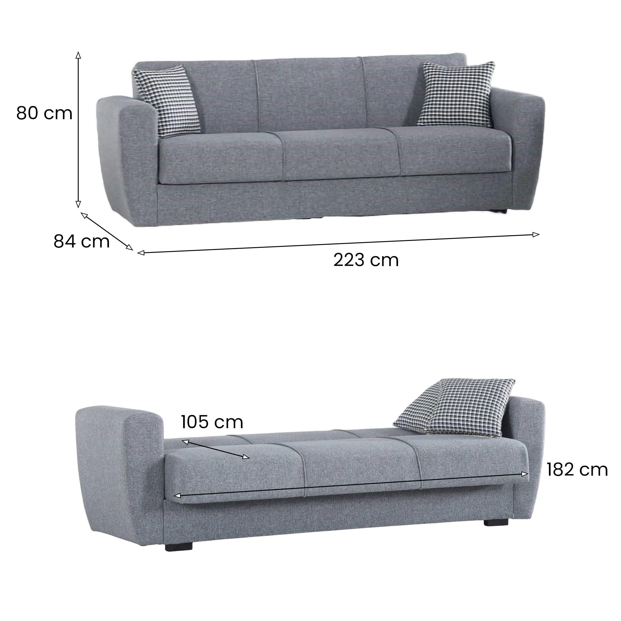 Dmora Divano Letto 3 posti Escobar, Divano Letto Contenitore lineare, Sofà da Soggiorno Apertura Click-clack, 223x84xh80 cm, Grigio