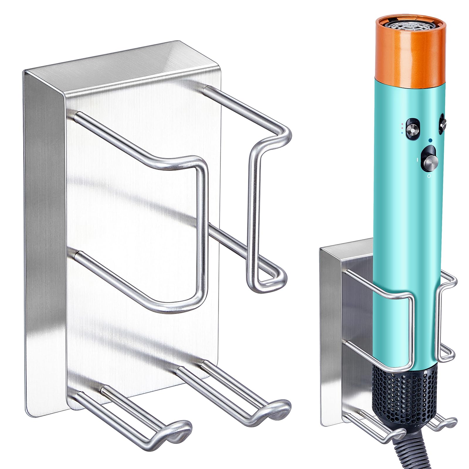 Soporte para secador de pelo de acero inoxidable con fijación adhesiva de alta resistencia