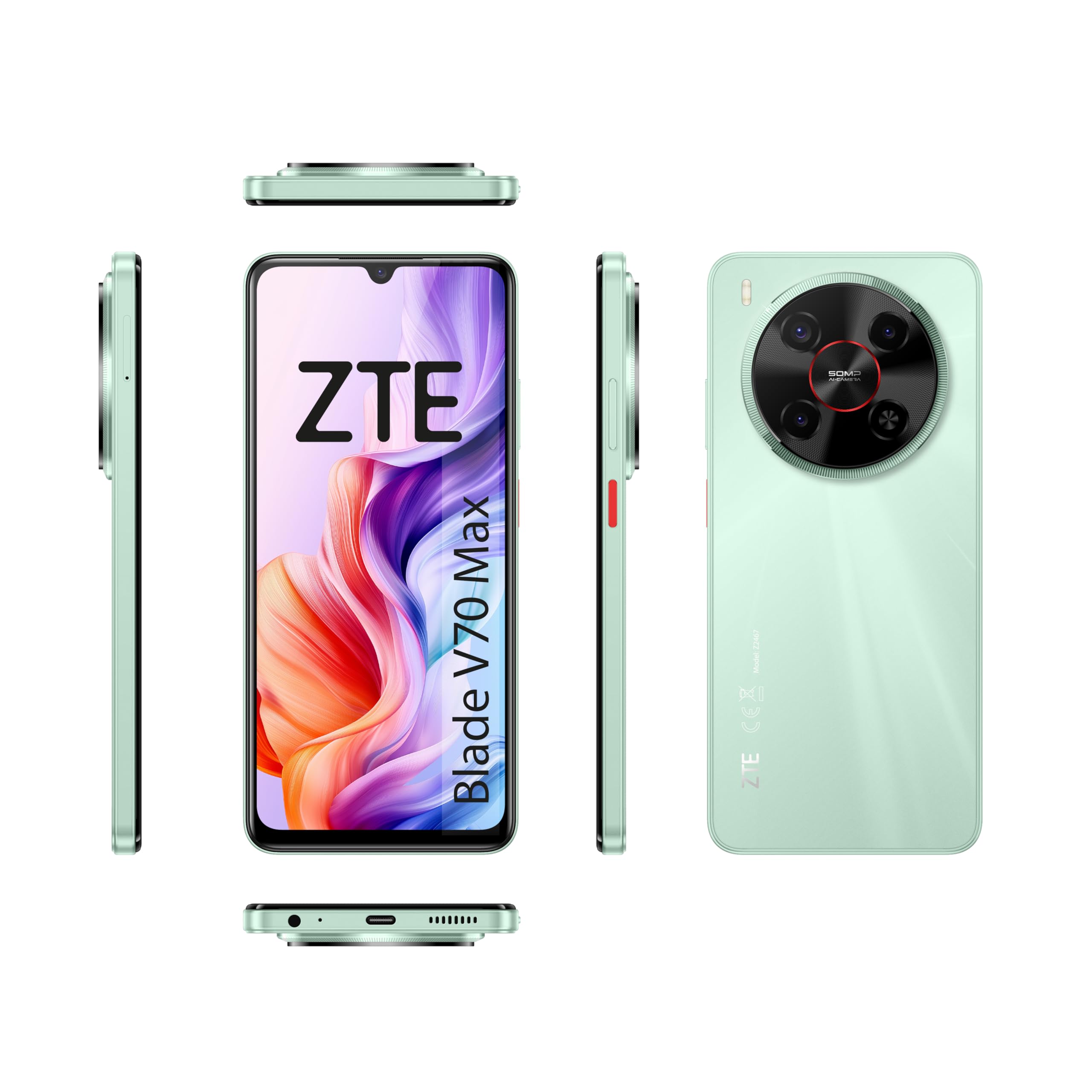 ZTE Blade V70 MAX, Smartphone Libre, 4GB+​256GB, Pantalla HD+ 6,​9" 120Hz, Cámara 50MP con IA, Batería 5000mAh, Carga Rápida 18W, Android 15, Incluye Funda y Protector, Verde
