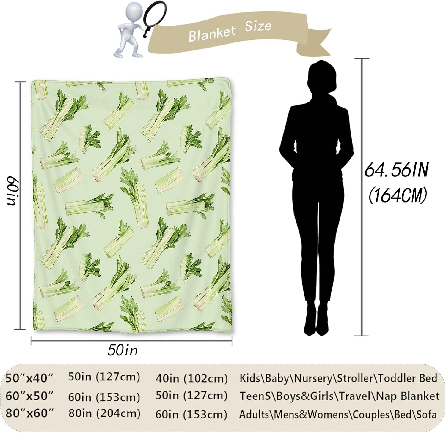 Hand Drawn Celery Blanket, Soft Lightweight Fuzzy Flannel Throw Blanket for Adults Women Men Kids, Cozy Warm Blankets for Couch, Travel, Home Decor & Bed 60×50 in