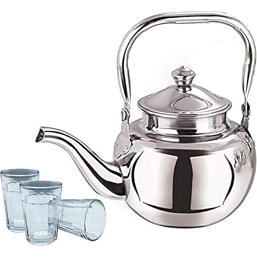 AWADH-Stovetop Tea Kettles | Stainless Steel Tea Pot/Tea Kettle (16 Cups) - 1550 ML | Come with 4 pcs tapri Vintage Tea Glasses | Chai Ketli |
