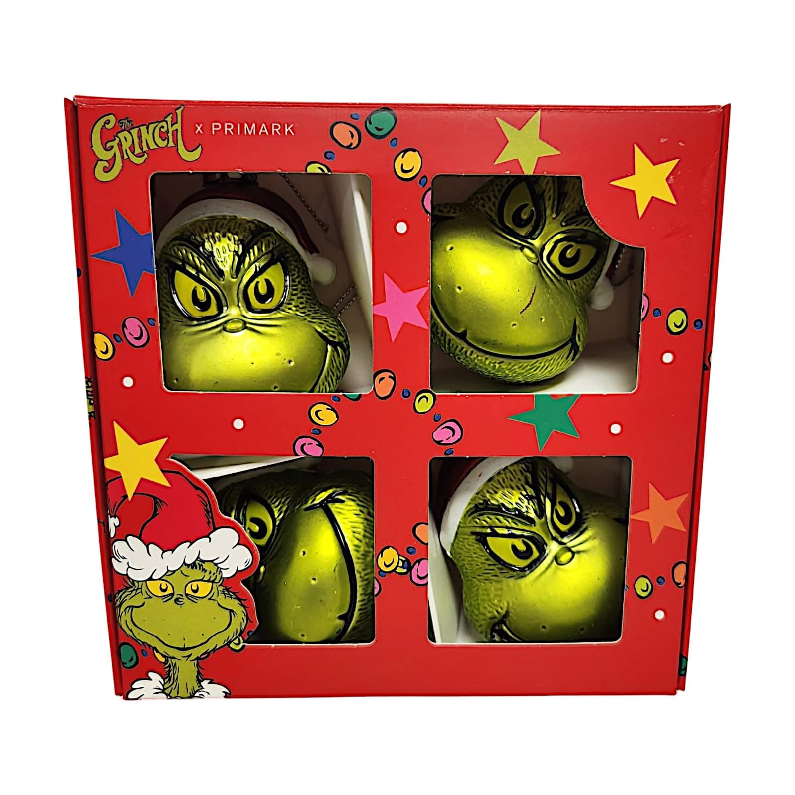 Divas World Pack Of 4 Grinch Face Baubles The Grinch Christmas Tree Decoration Dr Seuss Baubles Home Decor Hanging Seasonal Decoration Festive Item New (Pack Of 4 Grinch Face Baubles)