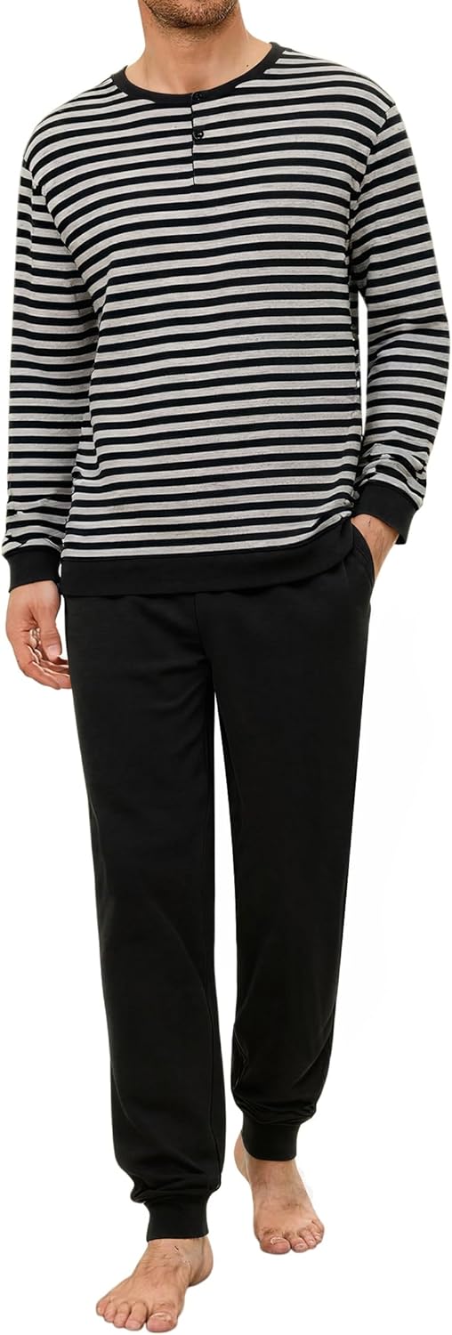 Crewhpo Winterpyjama voor heren, lang, licht, gestreept, 2 stuks, lange mouwen, nachtkleding, ronde hals, met knopen, comfortabel, S-XXL, Navy Blauw, S