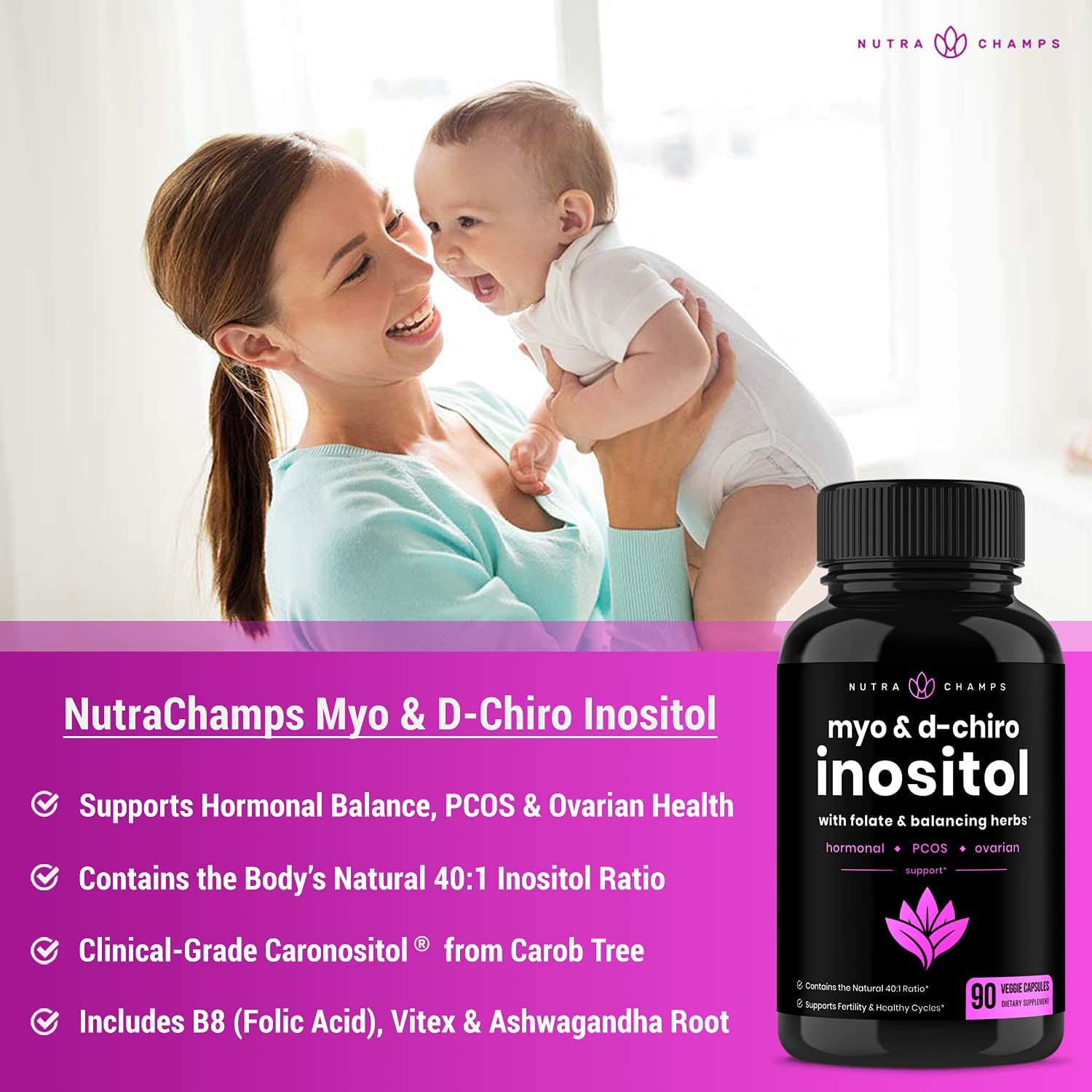Myo-Inositol & D-Chiro Inositol Supplement [Natural 40:1 Ratio] B8 Powder Enhanced with Vitex & Folic Acid | Ovarian & PCOS Support + Fertility & Hormone Balance for Women & Men | 90 Vegan Capsules : Health & Household