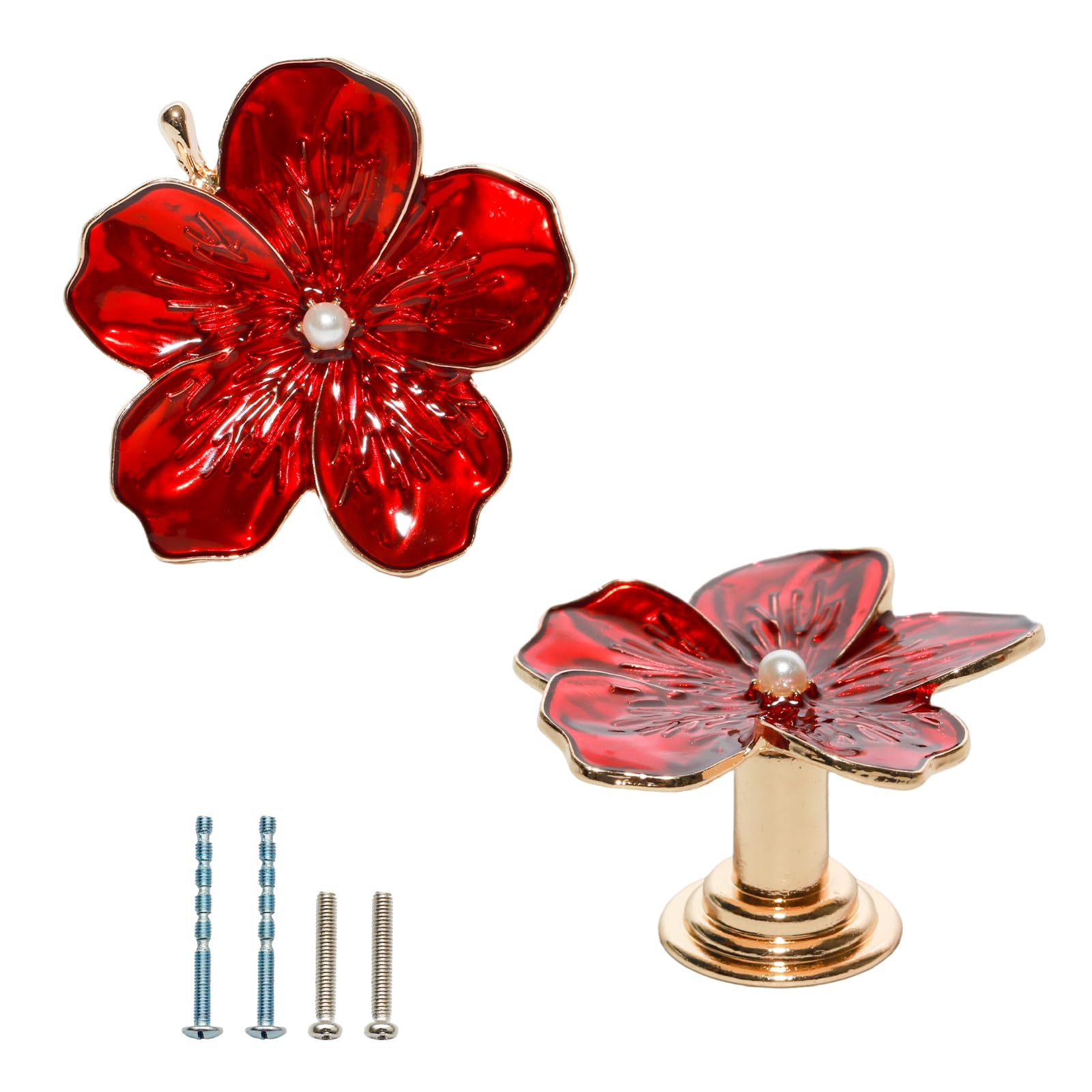 JAKOUE 2 PCS RED Flower Knobs(Five-petaled) for Dresser Drawers,Decorative knobs with 2 Kind Screws，Size 1.7inch