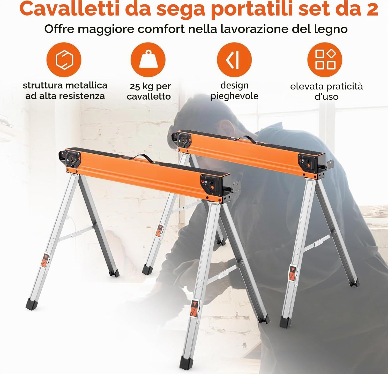 FANTASK Set di 2 bastoncini per sega pieghevoli, cavalletti da lavoro portatili, robusti in metallo, per la lavorazione del legno, con manico fino a 500 kg di portata