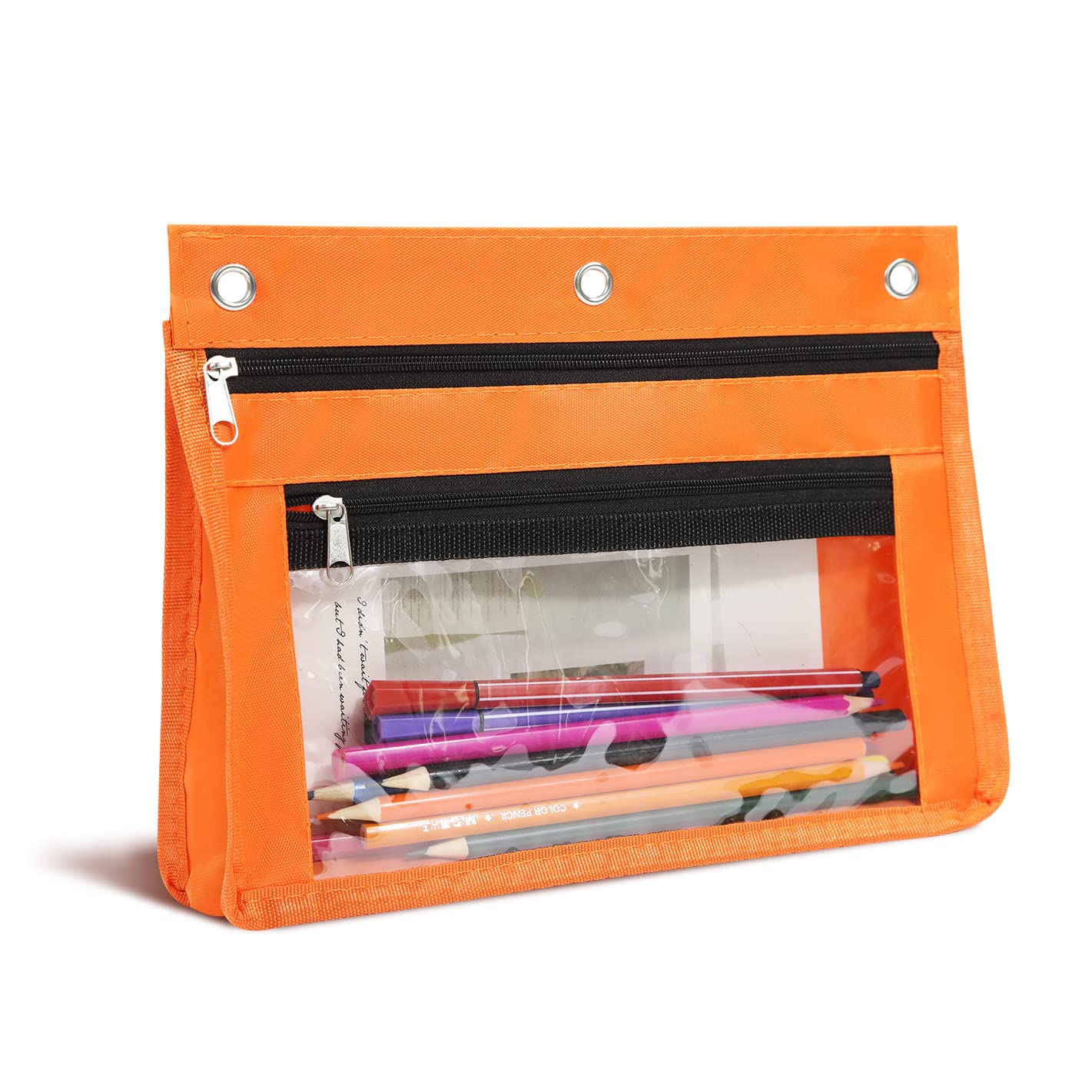 YoeeJob 1 Pack Pencil Pouch for 3 Ring Binder, Expandable Binder Pouches with Zipper, Large Capacity Pen Holder Case with Clear Window School Class Office Organizers, Orange
