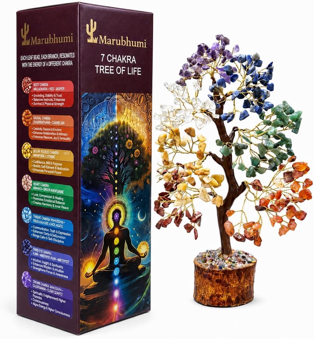 Marubhumi 7 Chakra Healing Crystal Tree Kit – Handmade Gemstone Bonsai Tree for Home Decor, Positive Energy, Feng Shui Good Luck, Money Prosperity Spiritual Gift Set for Women Mom Birthday Meditation