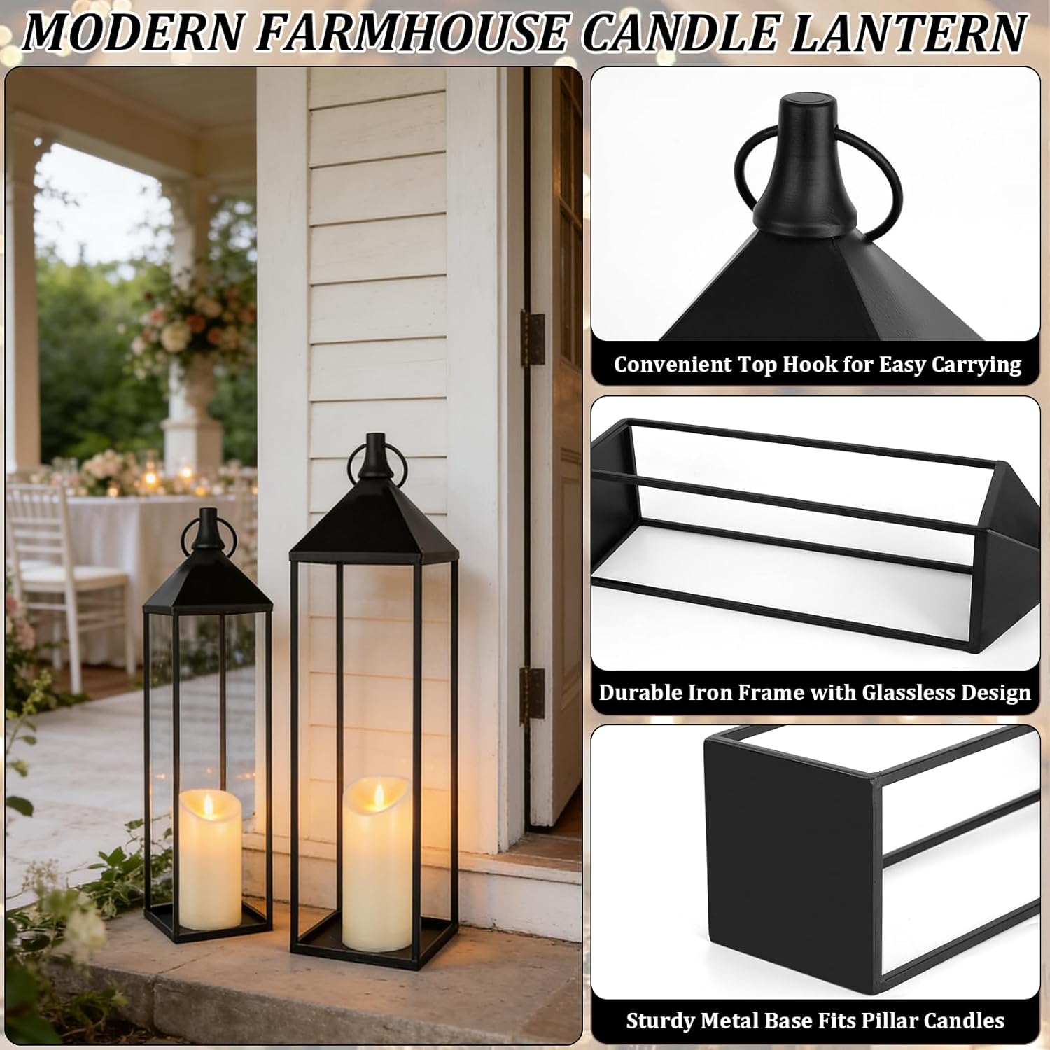 22" 19" Modern Farmhouse Candle Lantern Decor Set of 2 Large Black Metal Candle Lanterns with Flameless Candles, Lanterns Decorative Indoor for Fireplace Mantle Table Outdoor Lanterns for Patio Porch