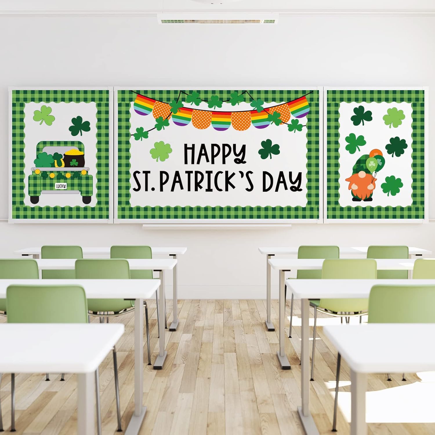 Whaline 56 Pcs St. Patrick's Day Bulletin Board Decoration Kit Lucky Shamrock Clover Truck Gnome Cutouts with Glue Point Buffalo Plaids Bulletin Border Sticker for Irish Holiday School Wall Door image 4