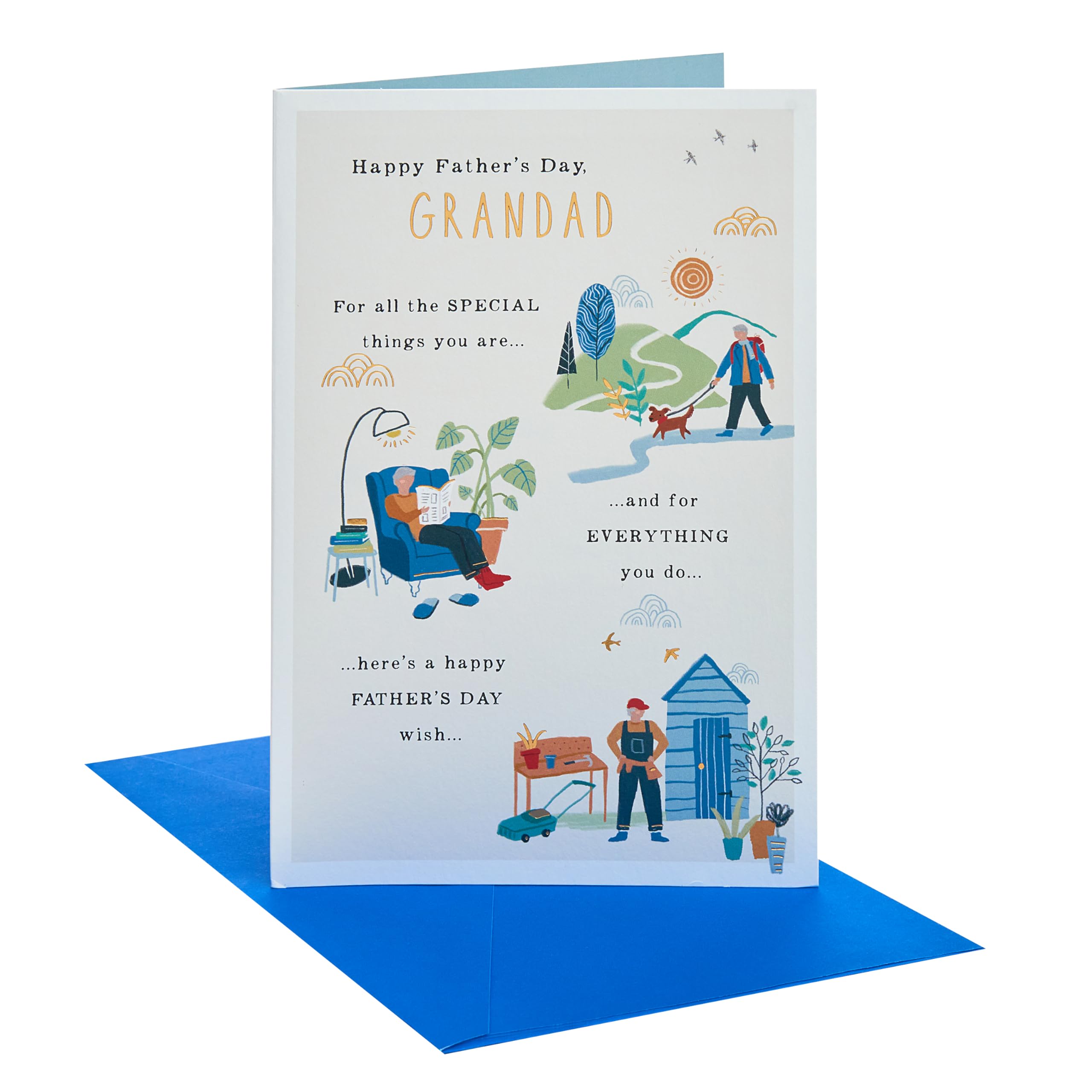 UK Greetings | Father's Day Card for Grandad | Card for Dad, Grandad, Husband | Him, Boys, Men | Gardening Walking Reading Design | With Envelope | 14.9 x 22.9 cm