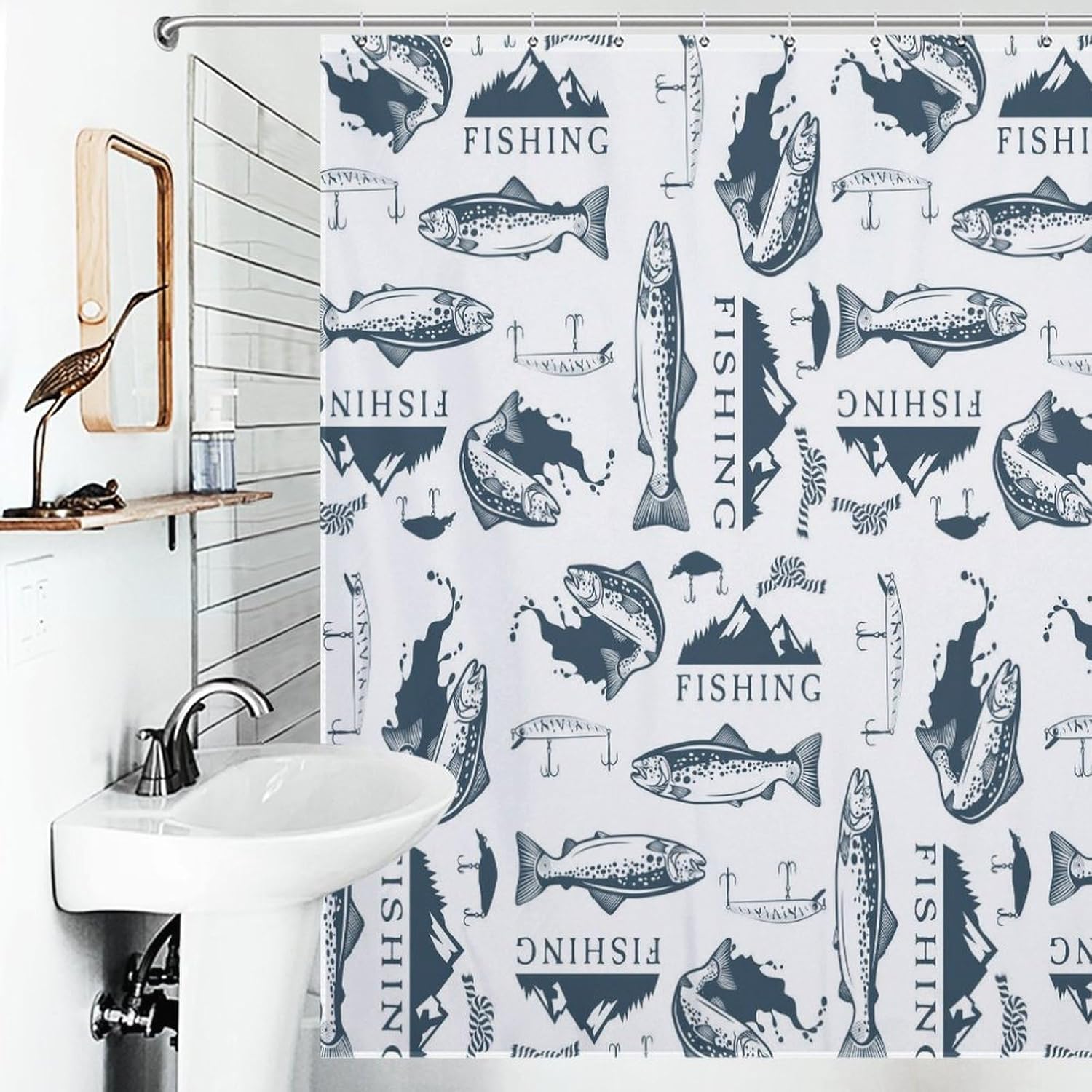 Fish Shower Curtains Nature Wildlife Forest Mountain Fishermen Illustration Print Pattern Bathroom Curtain Waterproof Polyester Fabric 72x72Inch (183x183cm)