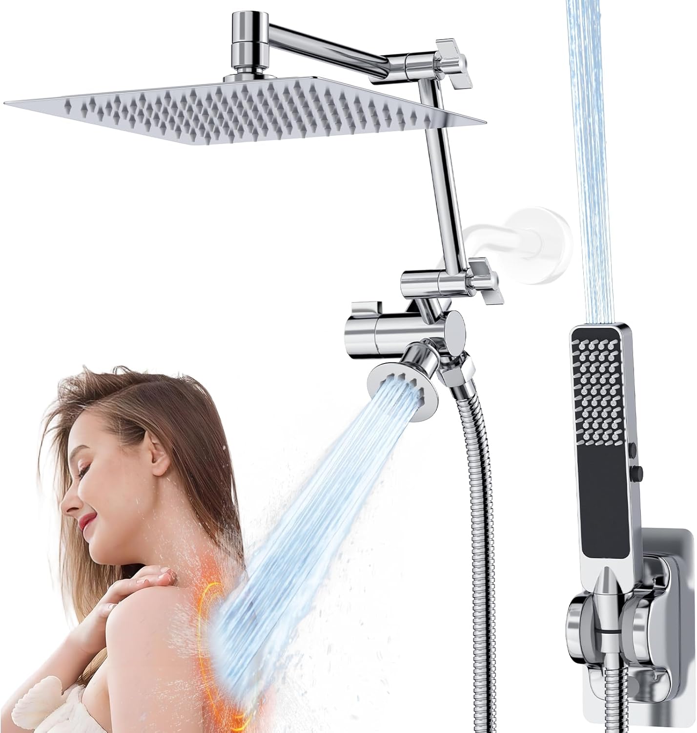 10 Inch Metal Rain Shower Head with Handheld Spray Combo, Massage Fixed and 3 Modes Handheld Showerhead Wand, Adjustable Extension Arm, Extra Long Shower Hose - Polished Chrome