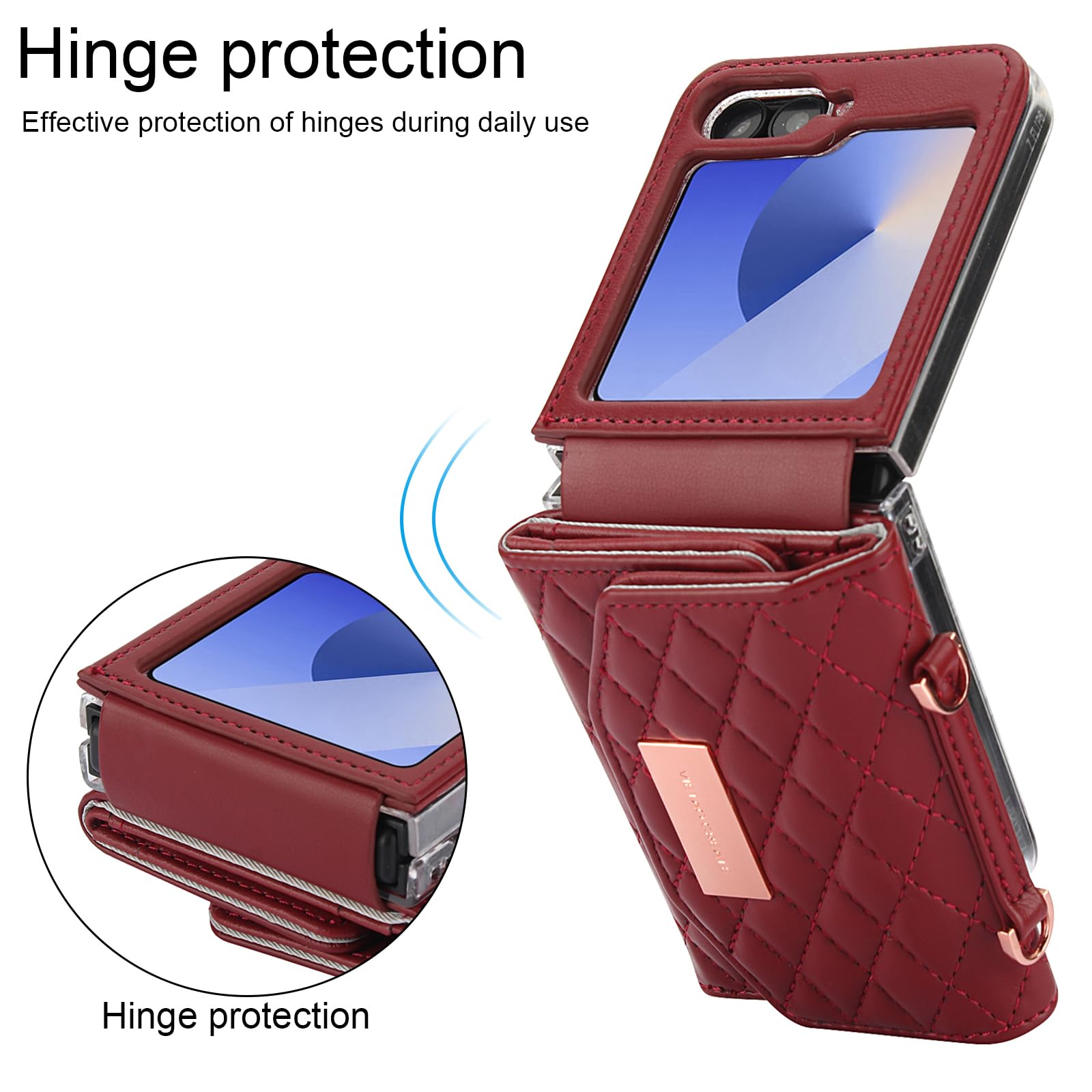 Etui portfelowe na telefon komórkowy Samsung Galaxy Z Flip 8 z wbudowaną skórzaną przegródką na gotówkę i uchwytem na karty kredytowe, regulowany pasek crossbody, ochrona zawiasów dla kobiet i