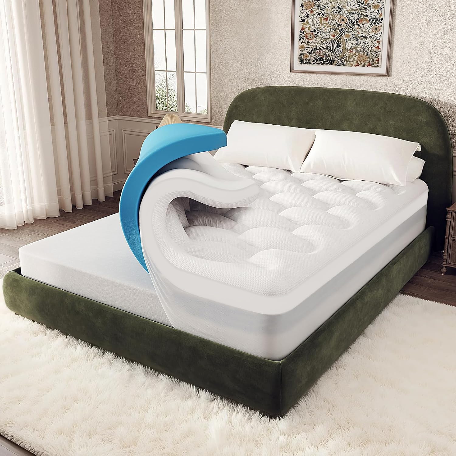 OhGeni Cooling 4 lnch Queen Size Dual Layer Mattress Topper 2 Inch Gel Memory Foam 2 Inch Soft