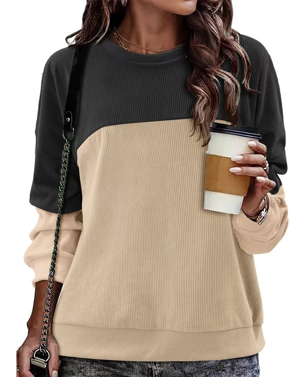 KISSMODA Women's Casual Long Sleeve Sweatshirt Color Block/Solid Crewneck Corduroy Pullover Cute Tops - Image 4